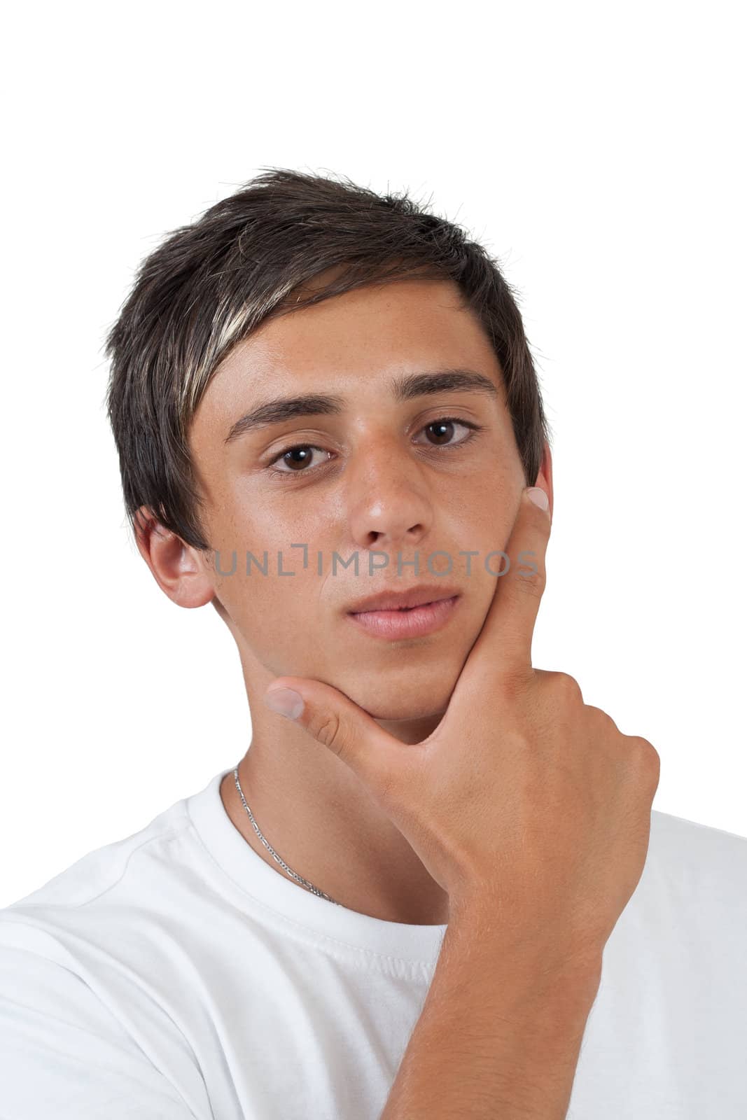 young swarthy man with  brown eyes Thinking about something on white background