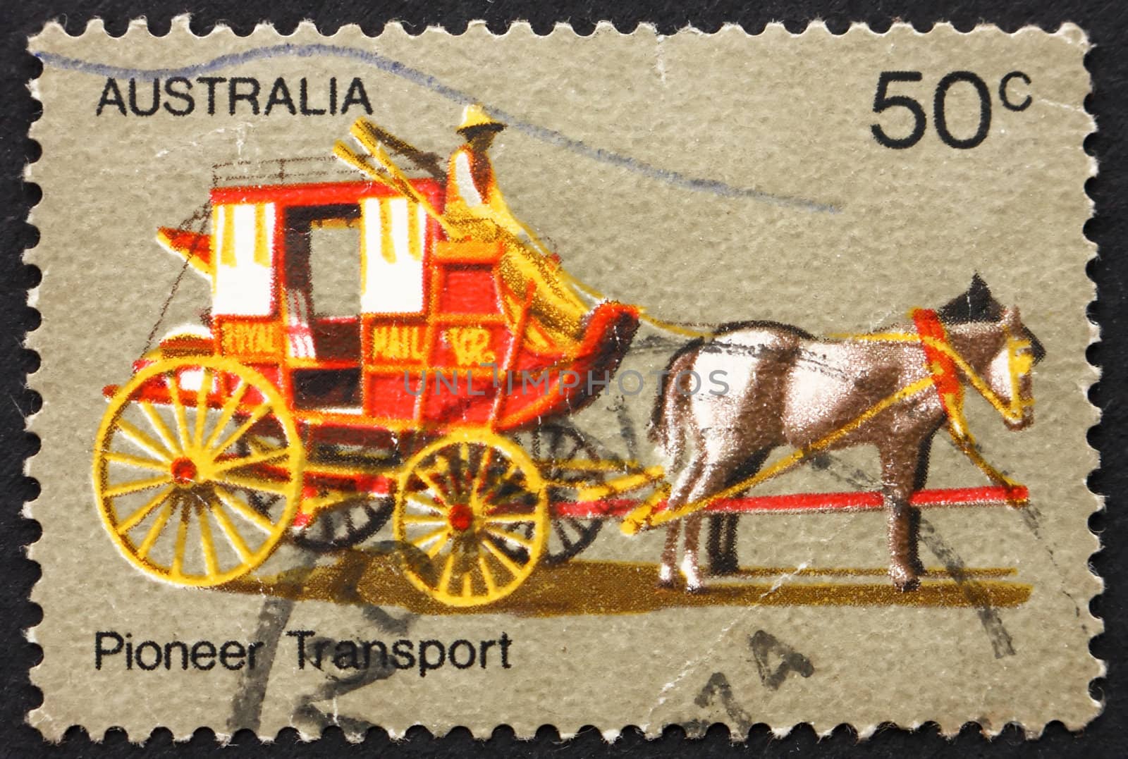 AUSTRALIA - CIRCA 1972: a stamp printed in the Australia shows Coach Transport, Australian Pioneer Life, circa 1972