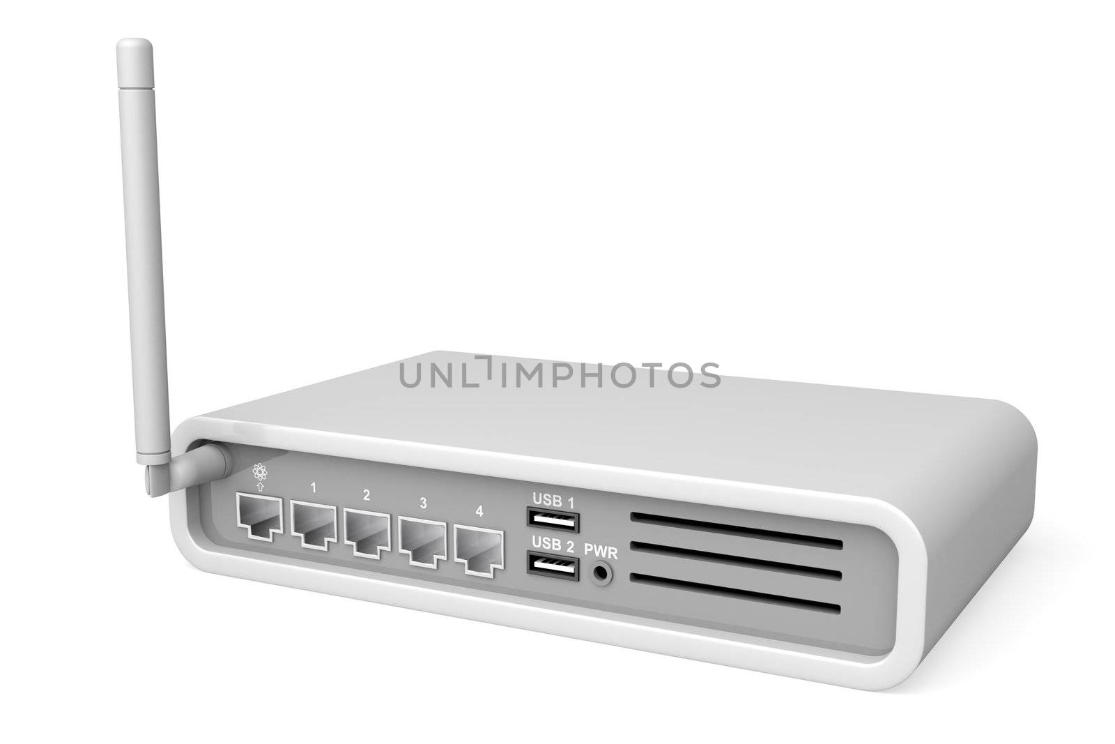 Back view of wireless router on white background