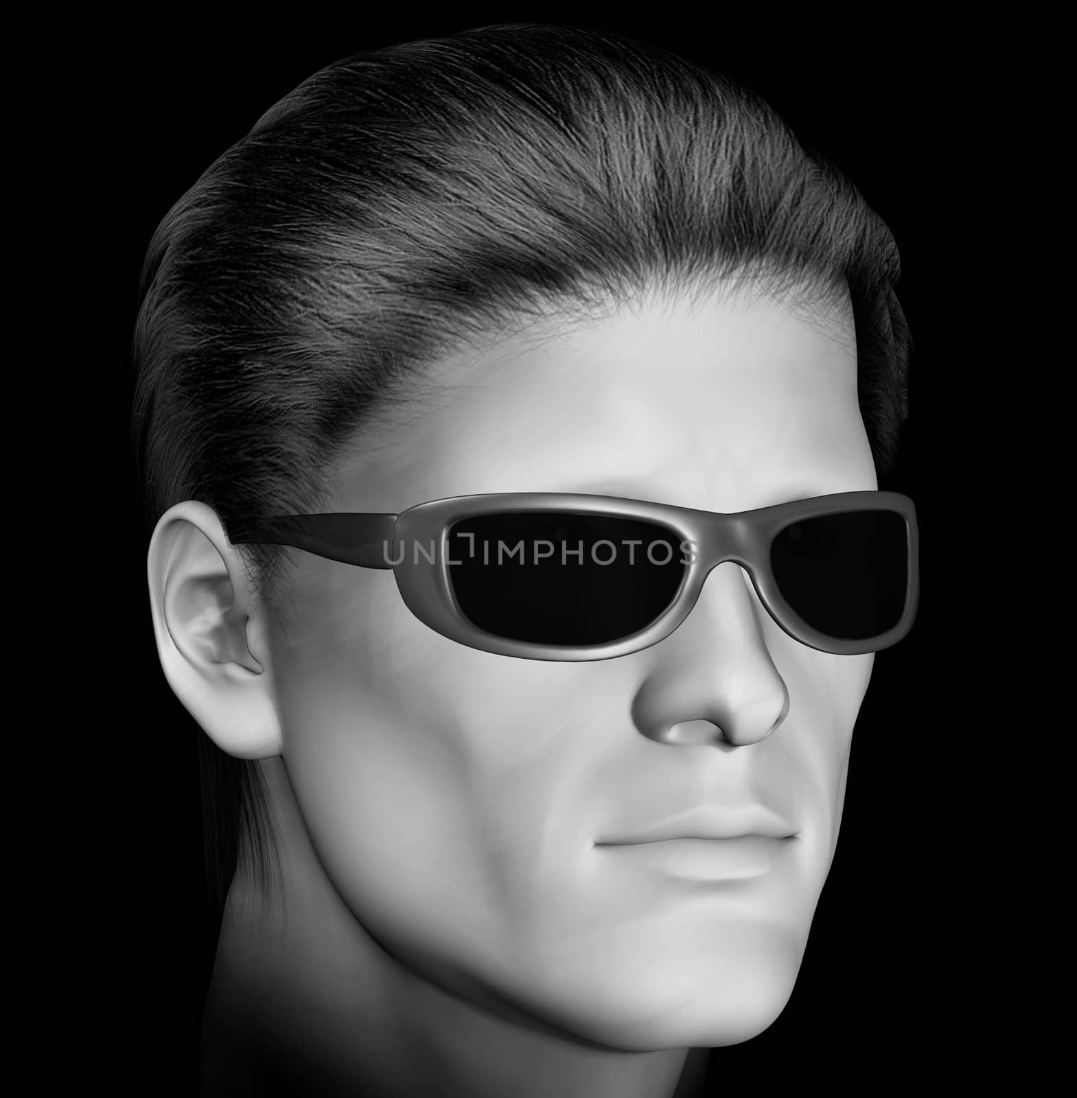 Man with dark sunglasses 3d illustration. Black and white.