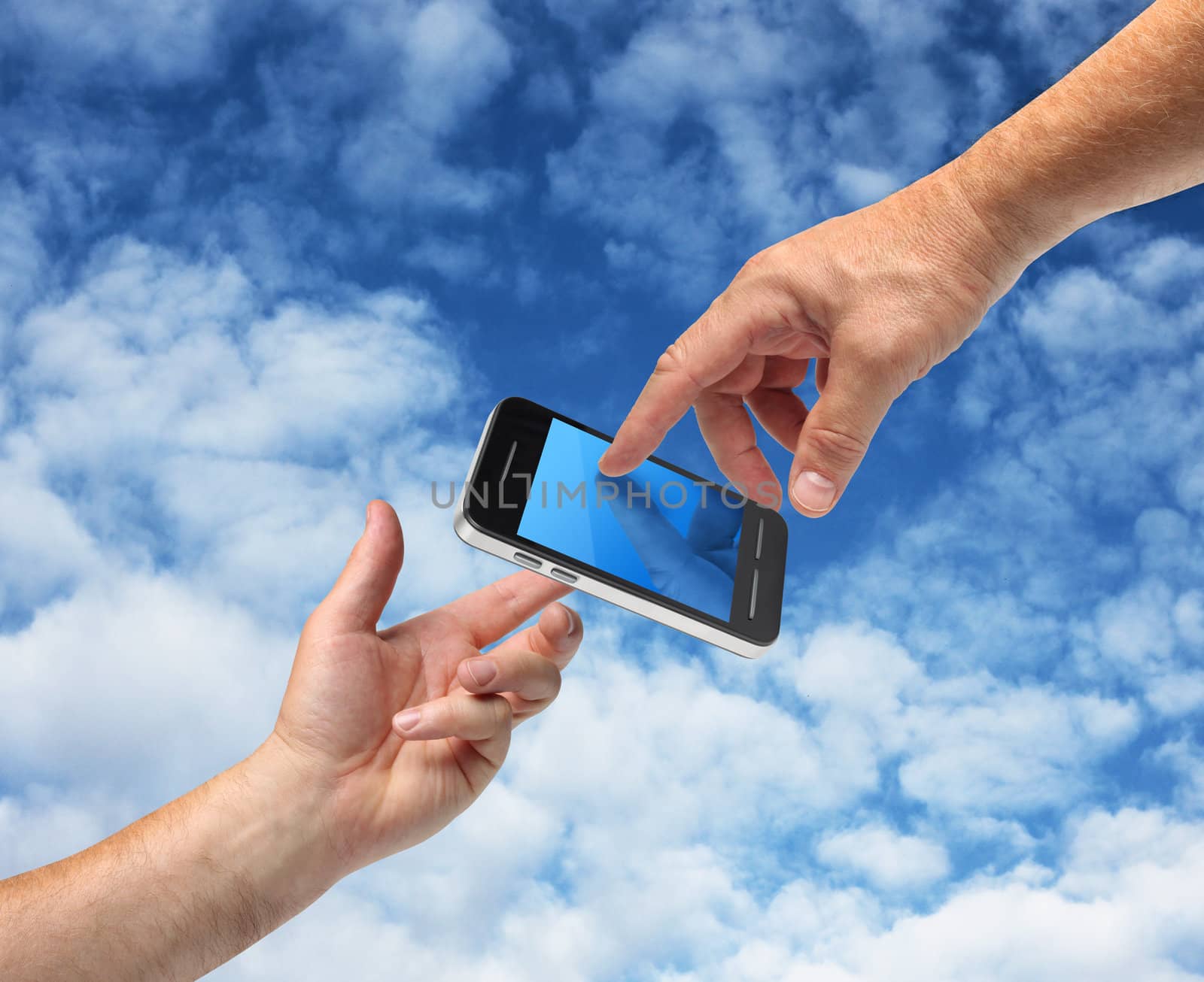 Two hands reaching smartphone, communication concept