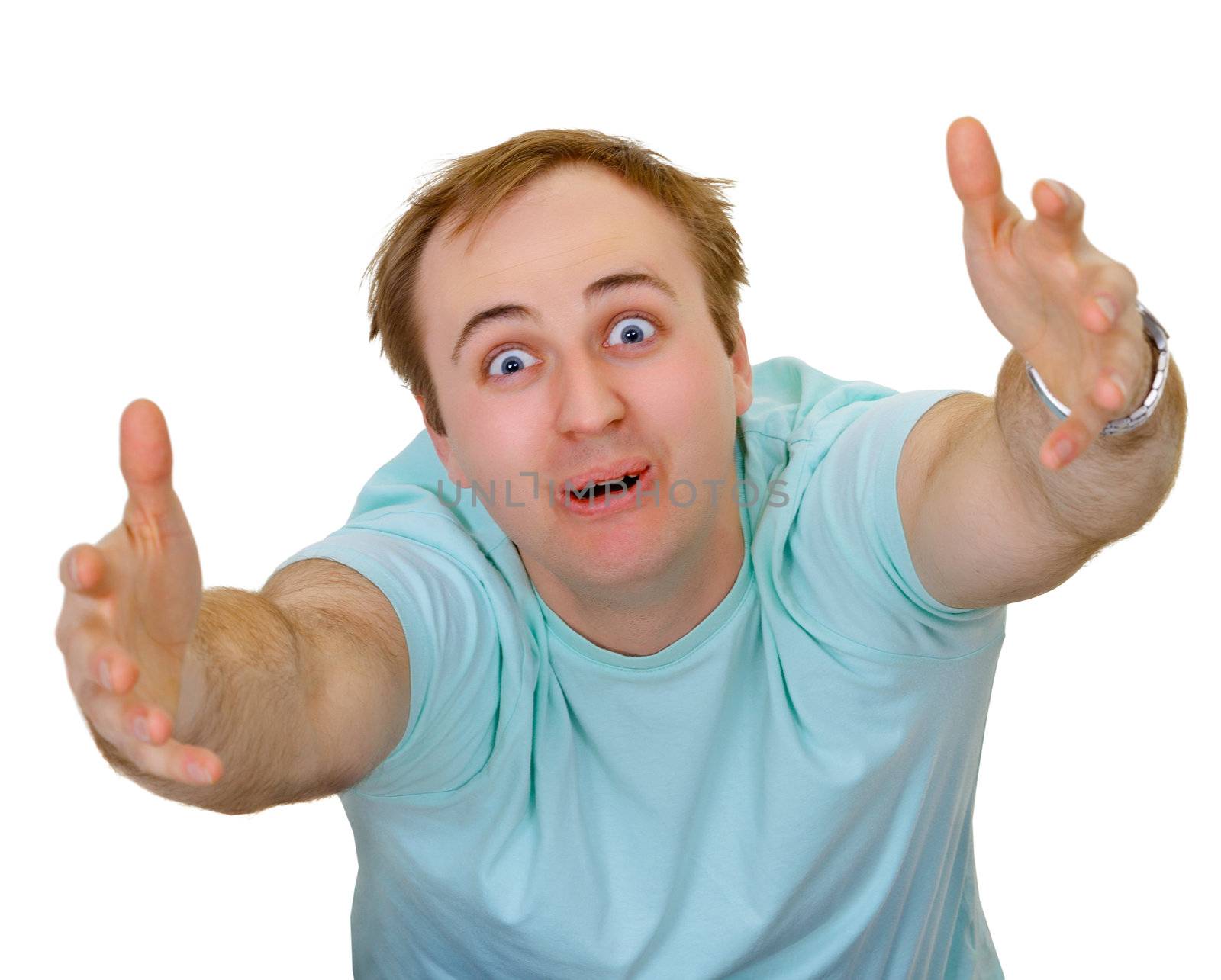 Crazy man with passionate gesture isolated on white background
