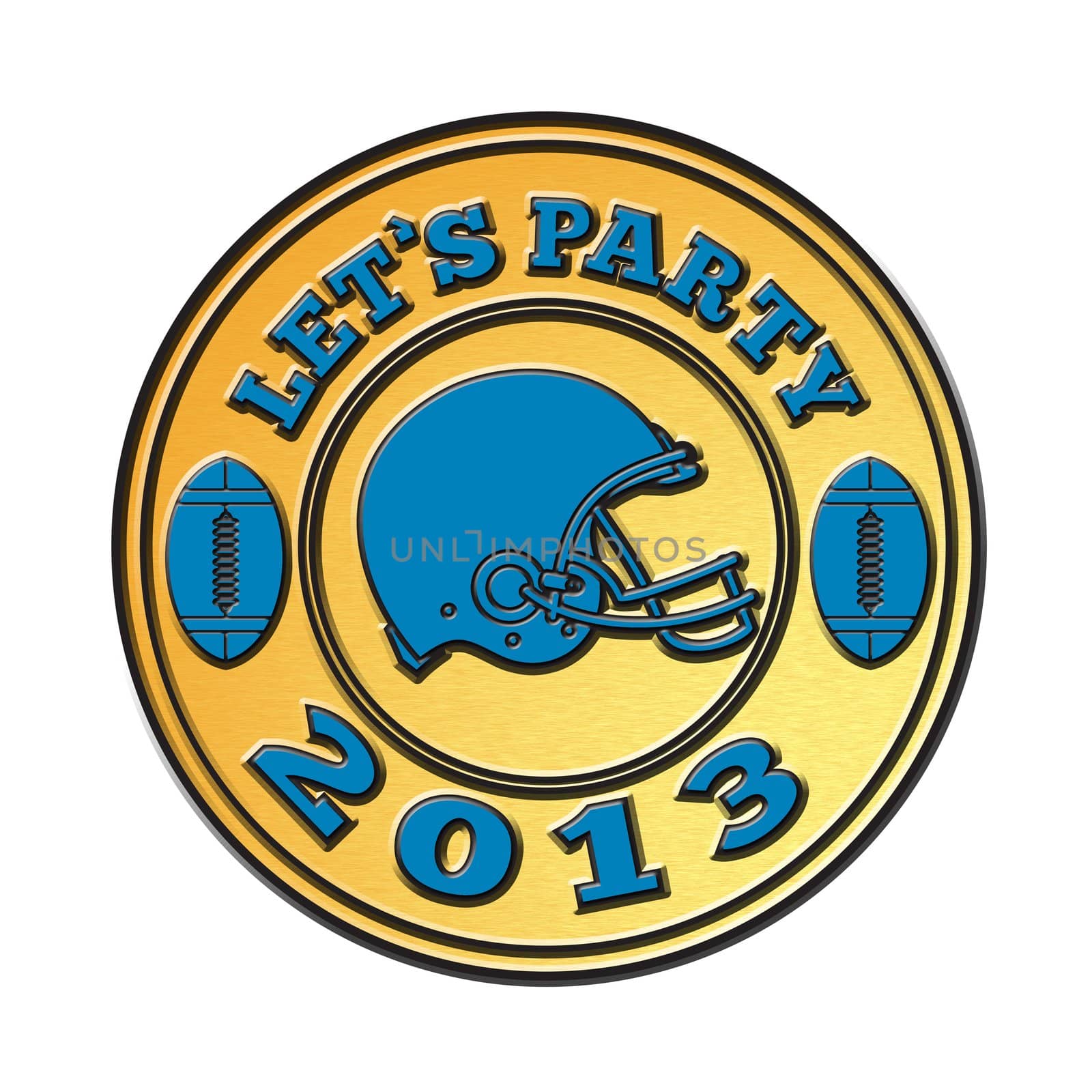 illustration of a golden american football helmet viewed from side done in metallic gold style set inside medallion circle on isolated white background with words let's party 2013.