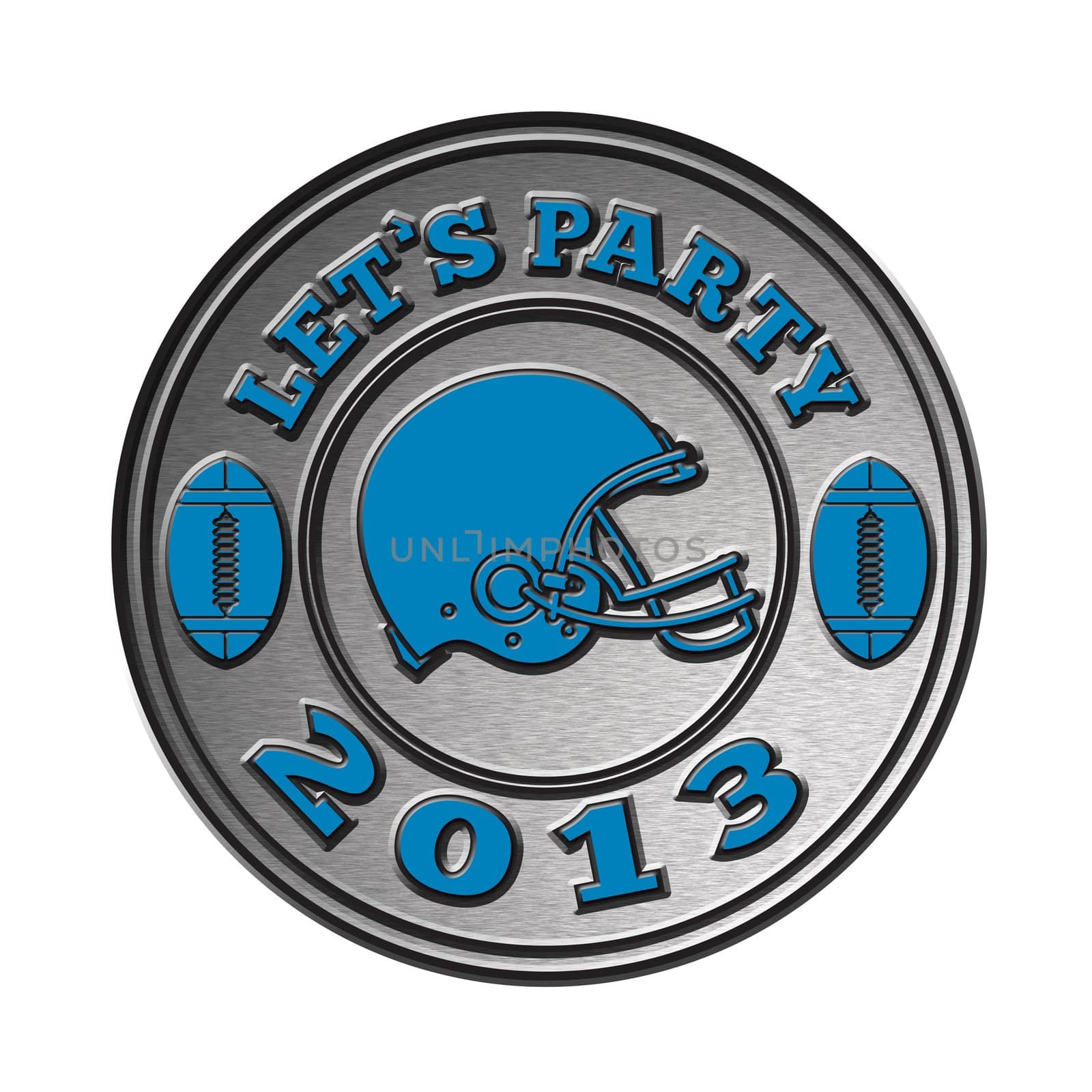 illustration of a golden american football helmet viewed from side done in metallic silver style set inside medallion circle on isolated white background with words let's party 2013.
