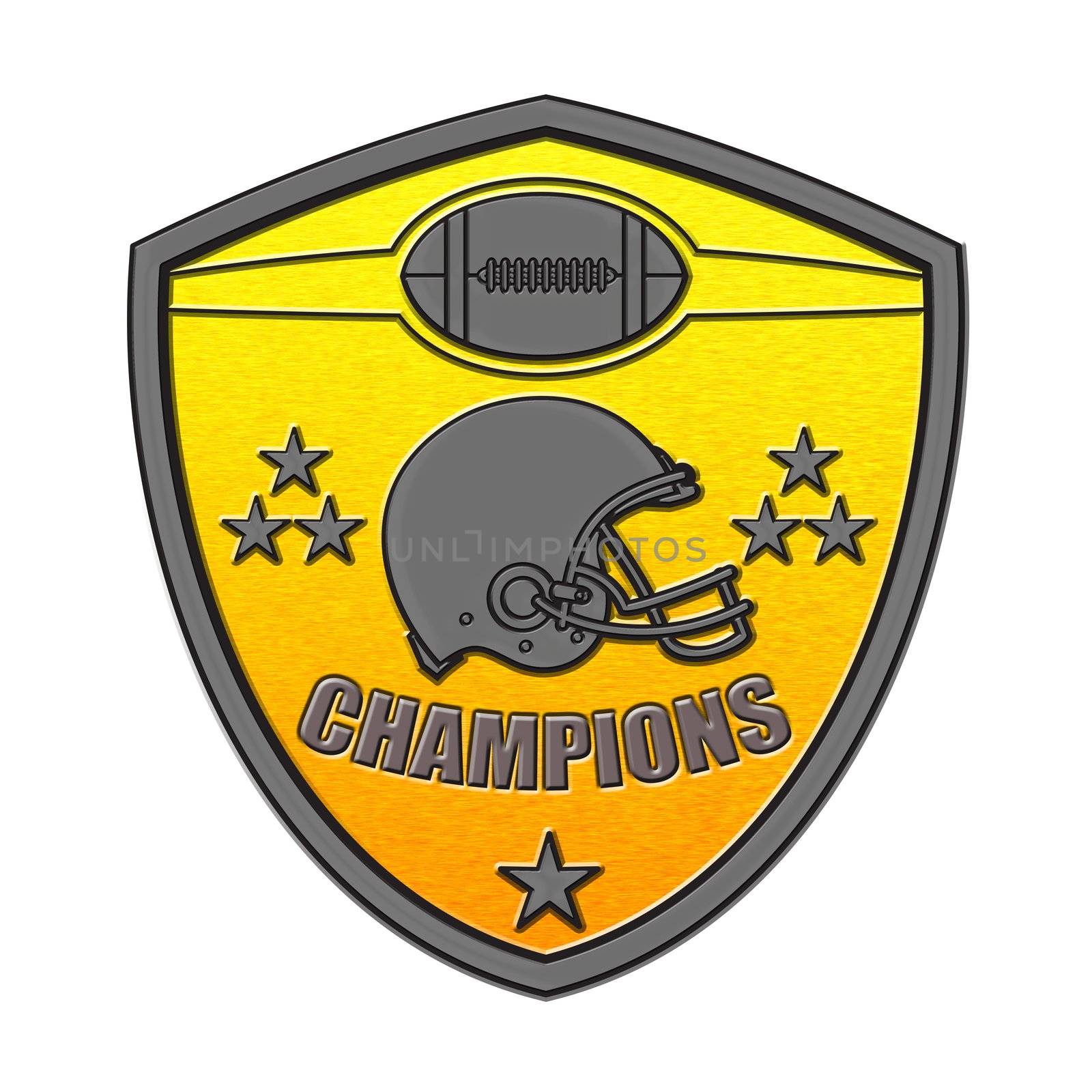 illustration of a golden american football helmet viewed from side done in metallic silver style set inside shield with ball on isolated white background with words champions.