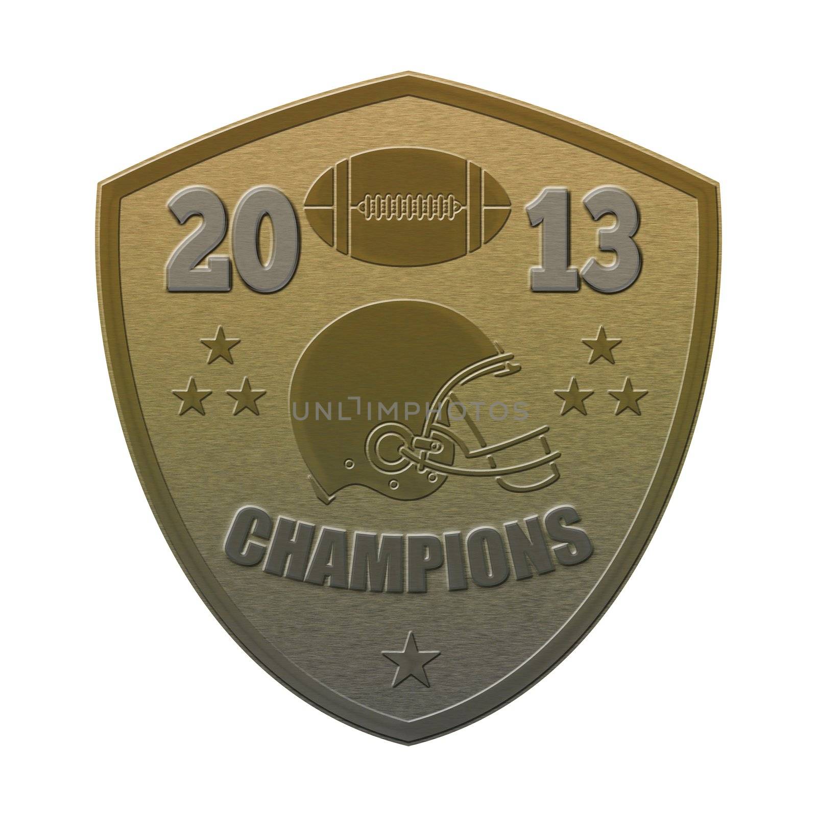 illustration of a golden american football helmet viewed from side done in metallic style set inside shield with ball on isolated white background with words champions 2013