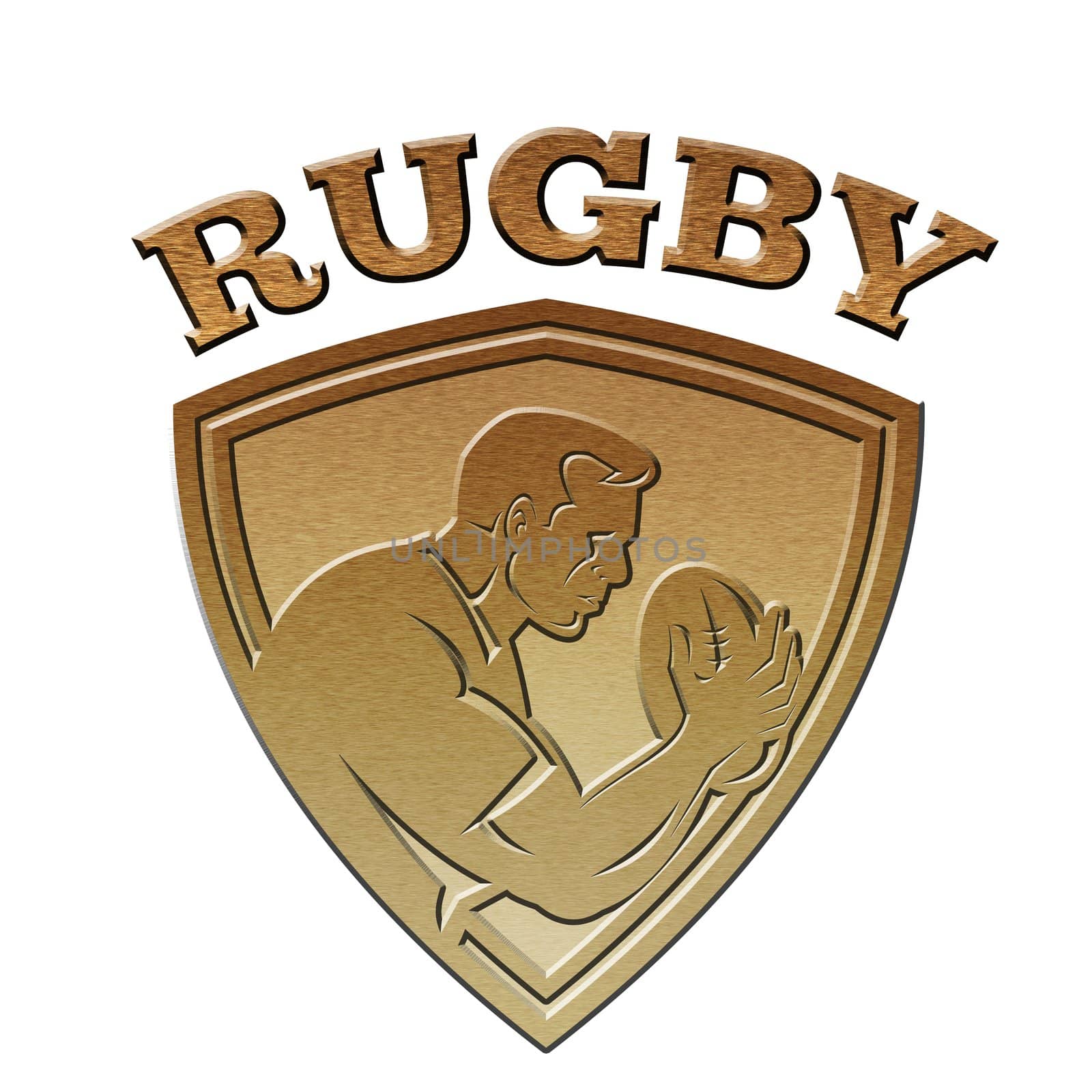illustration of a rugby player running passing the ball on isolated background   done in metallic gold style set inside shield with words rugby
