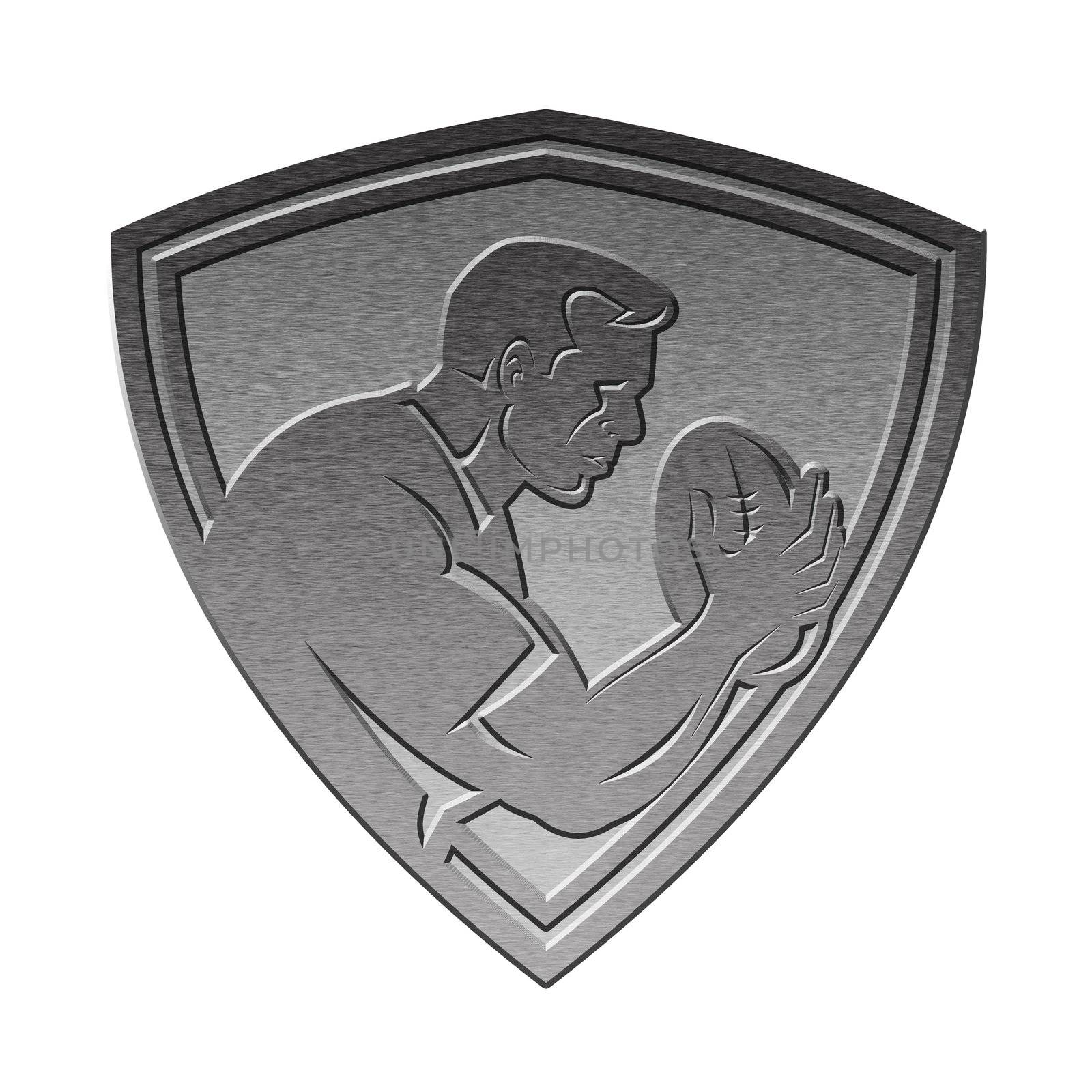 illustration of a rugby player running passing the ball on isolated background   done in metallic silver style set inside shield 