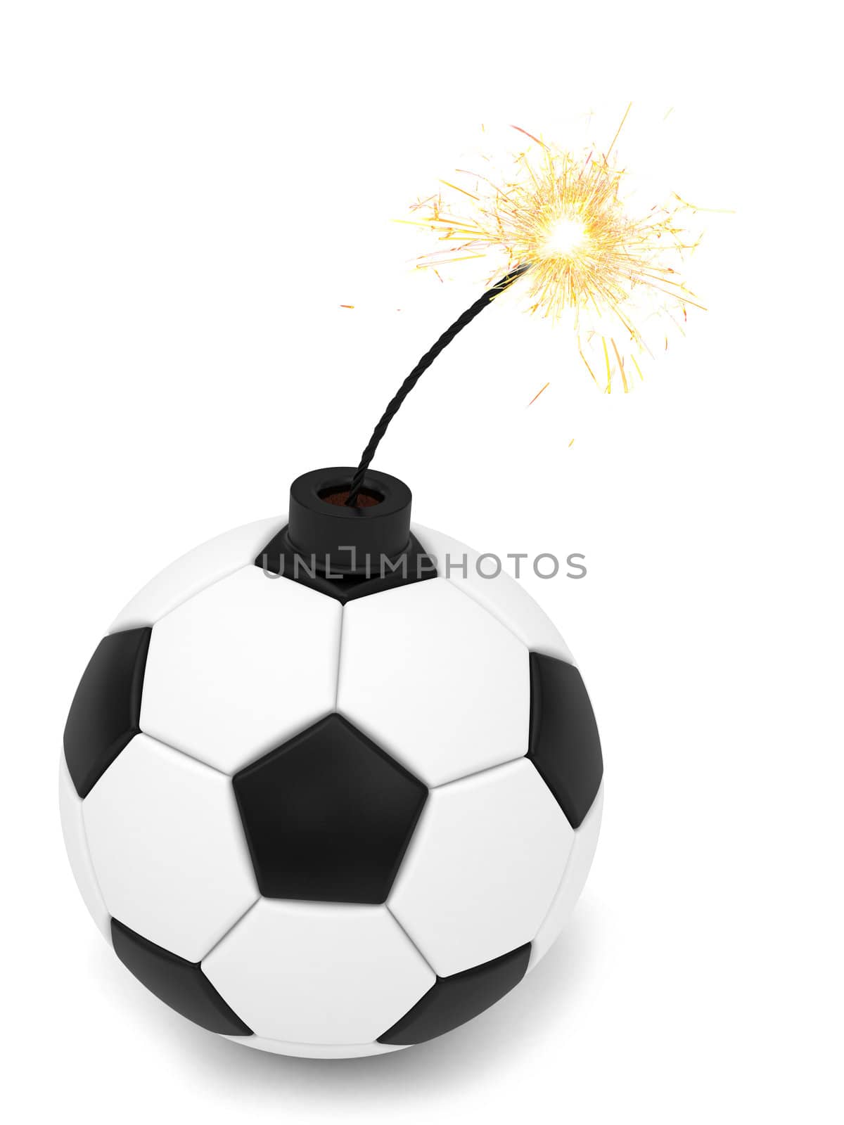 Soccer ball bomb with burning wick on white. High resolution 3D image rendered with soft shadows
