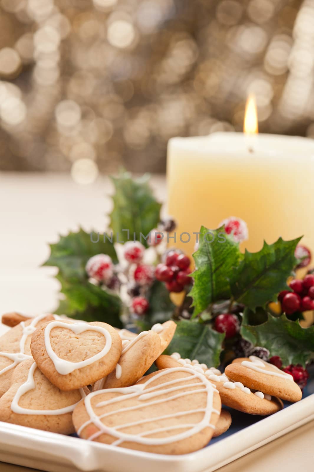 Christmas cookies, short bread in festive setting different shapes