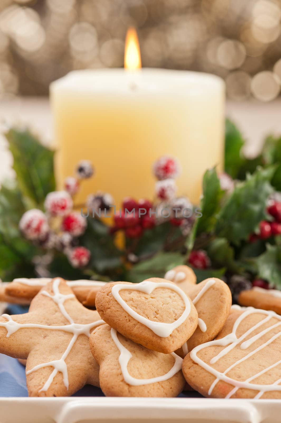 Christmas cookies, short bread in festive setting different shapes