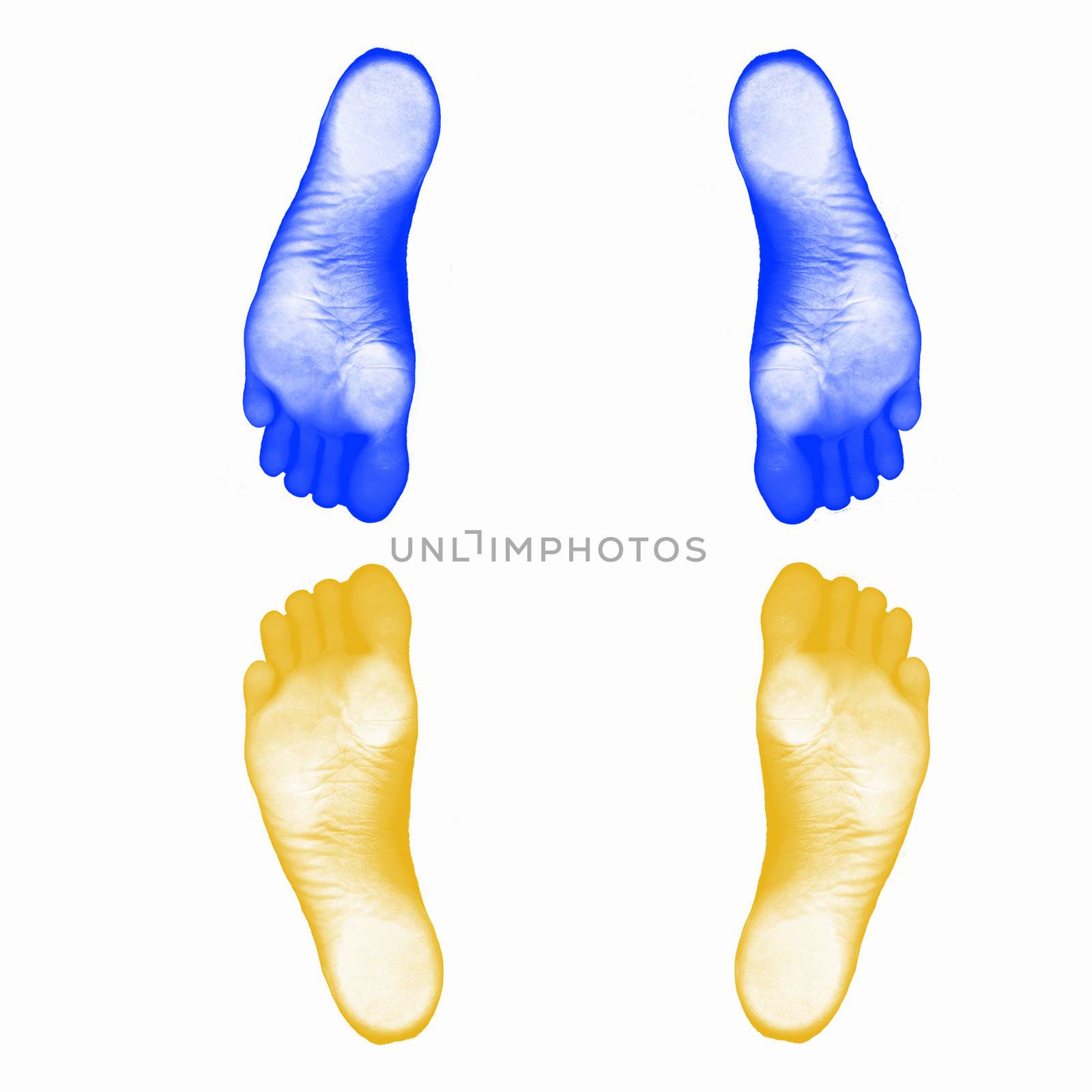 Colourful human foot prints on white background