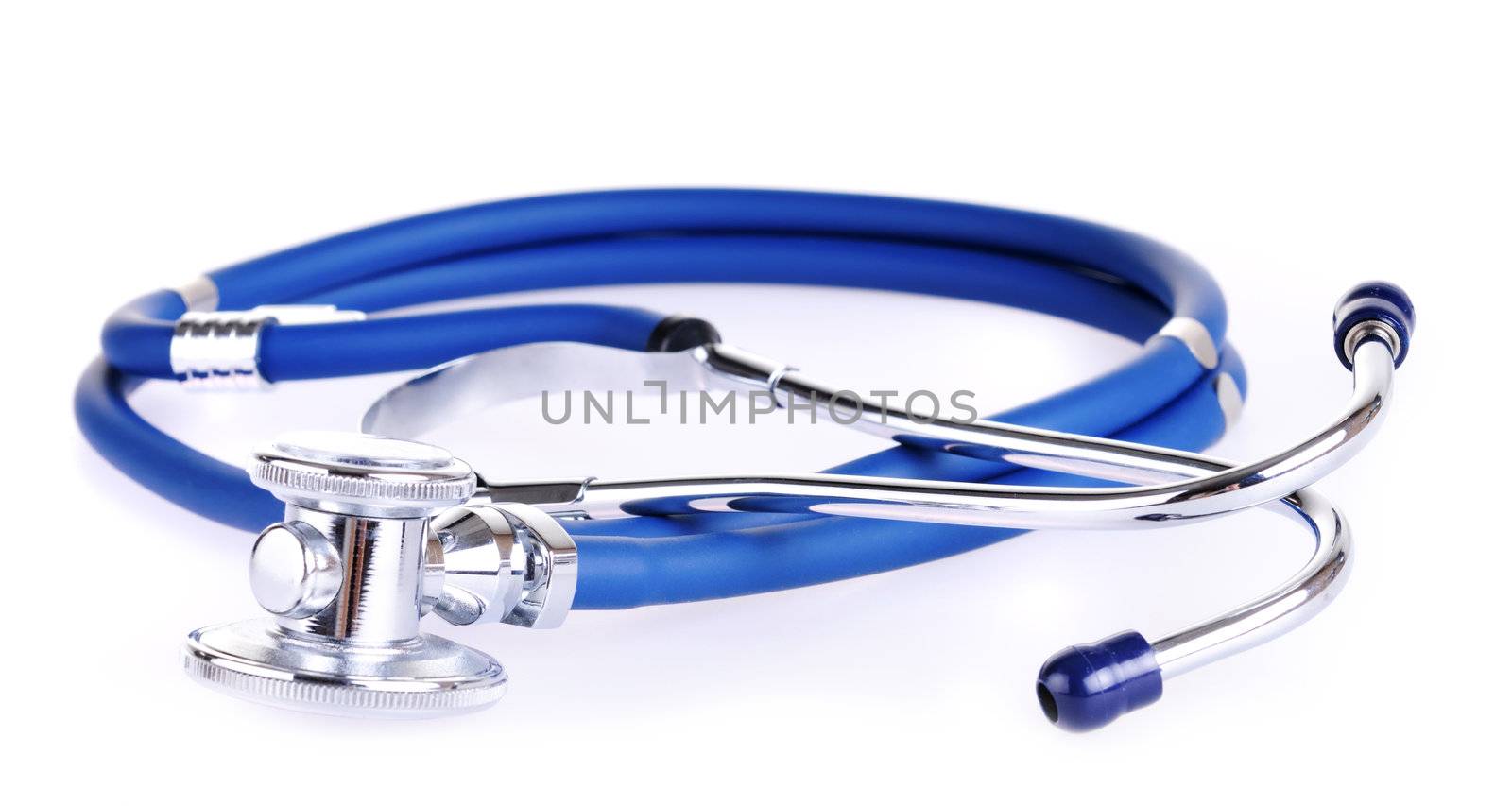 One blue stethoscope, shallow depth of field focus on the front