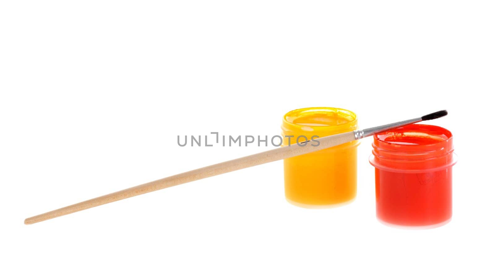 Two paints and brush isolated on white background
