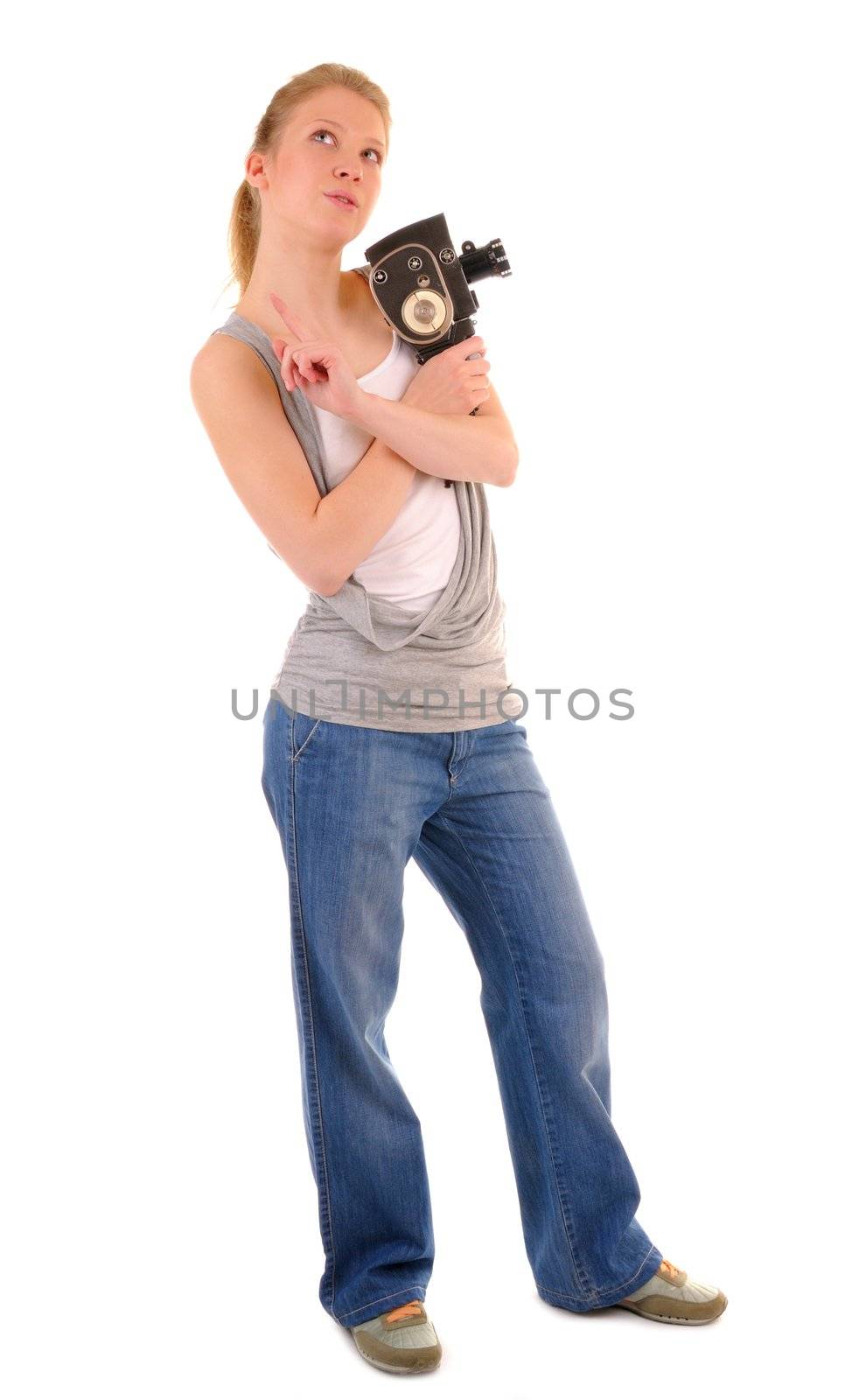 Beauty casual girl with vintage video camera have got creative idea. On white background.