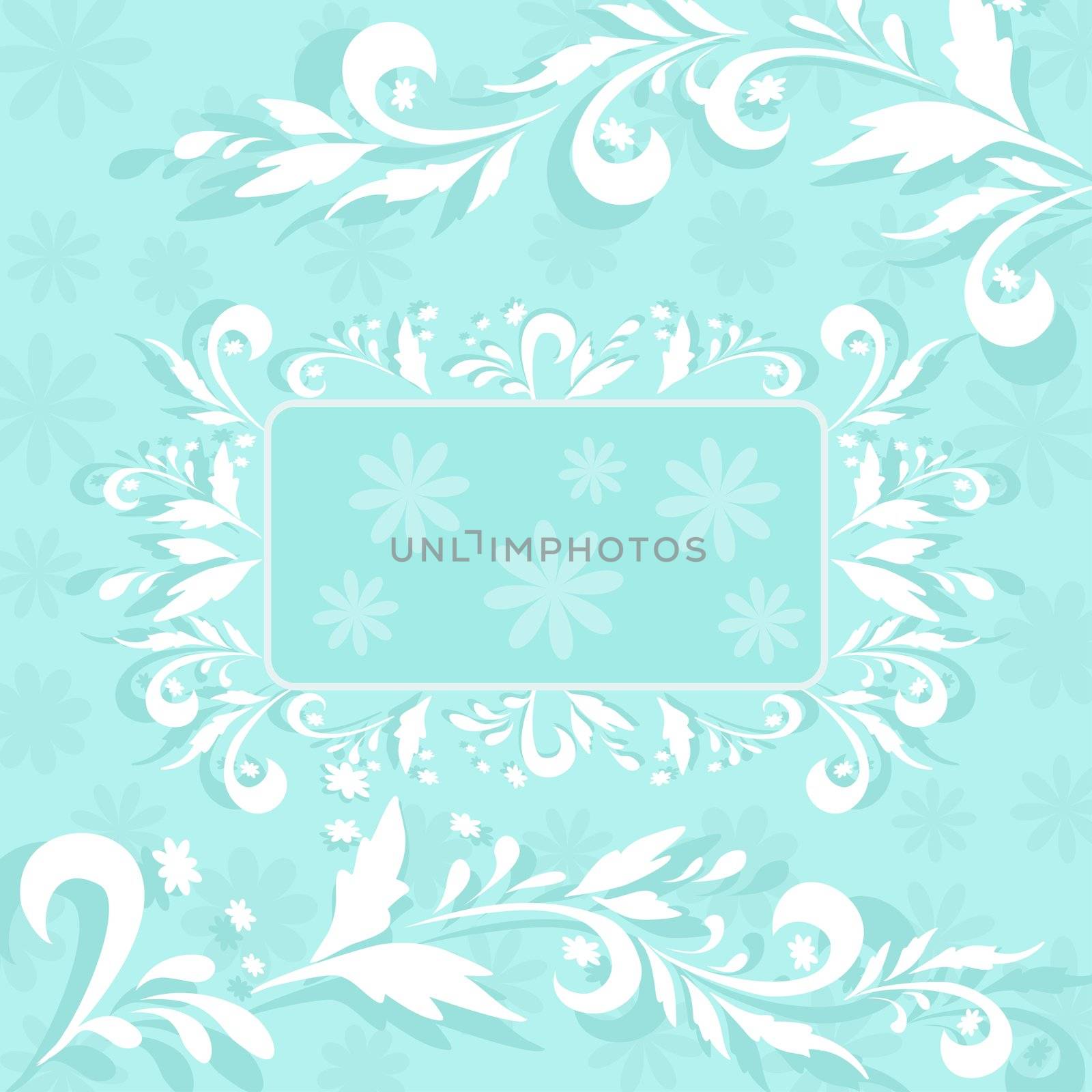 Abstract floral background with white flowers silhouettes and frame