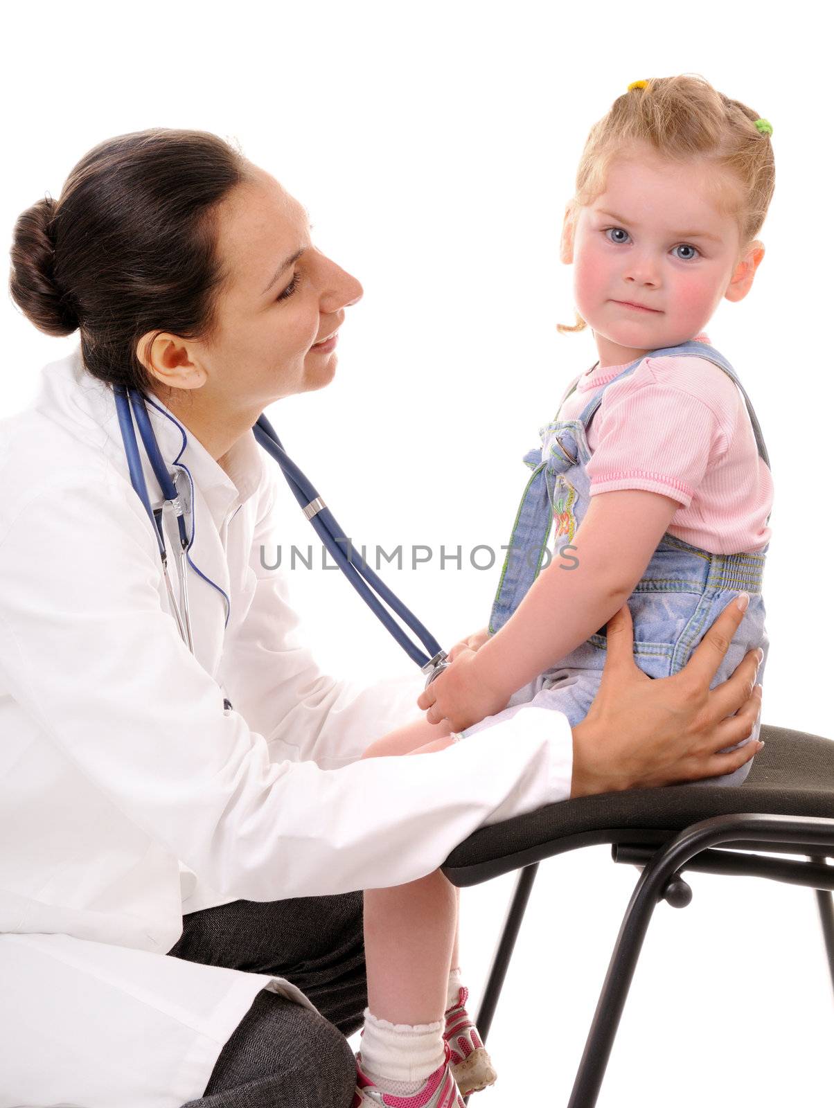 Pediatrician and small blonde girl isolated on white background