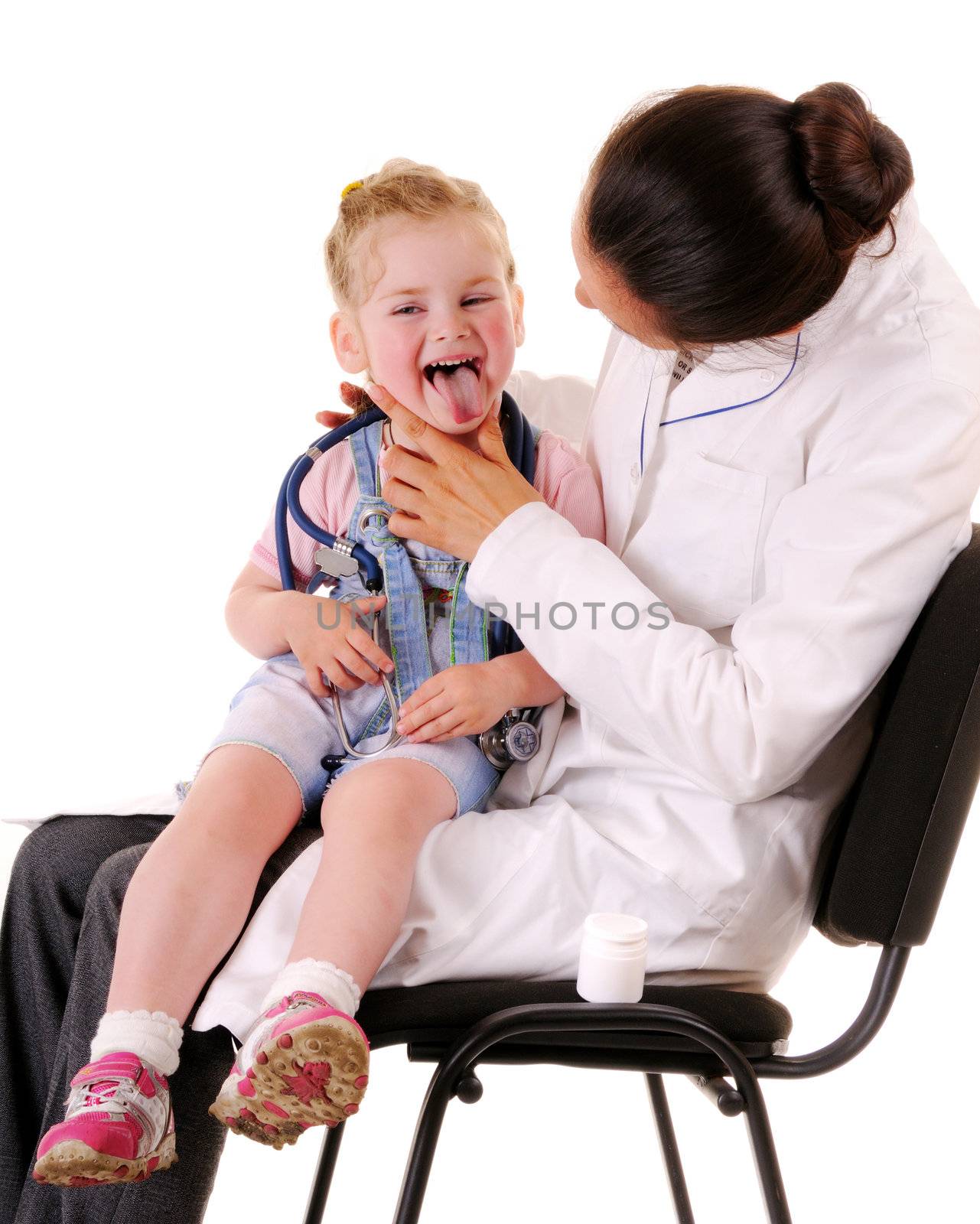 Pediatrician and small blonde girl: throat checking isolated on white background