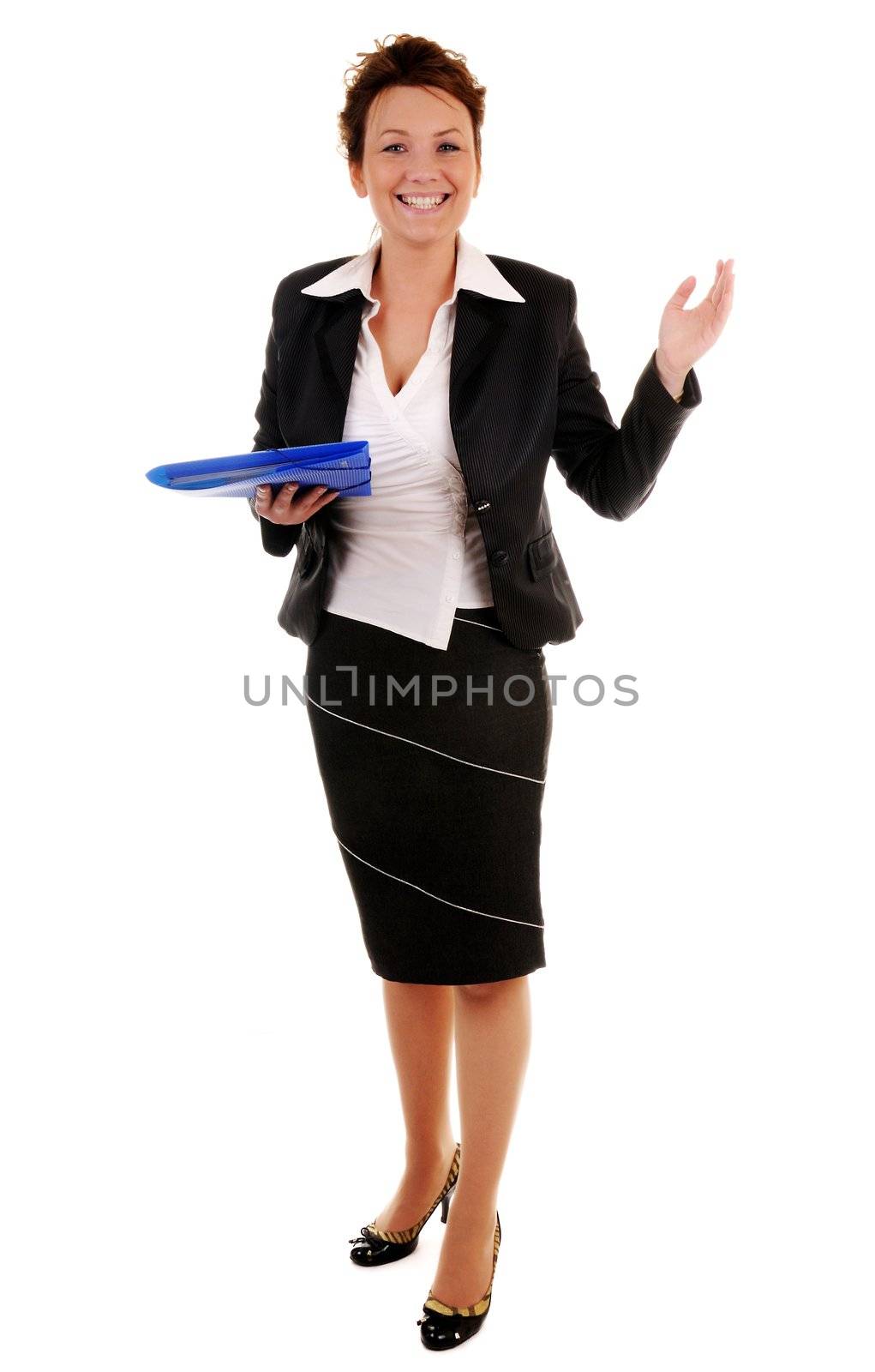 Atractive business woman with documents and invitation gesture standing on white background