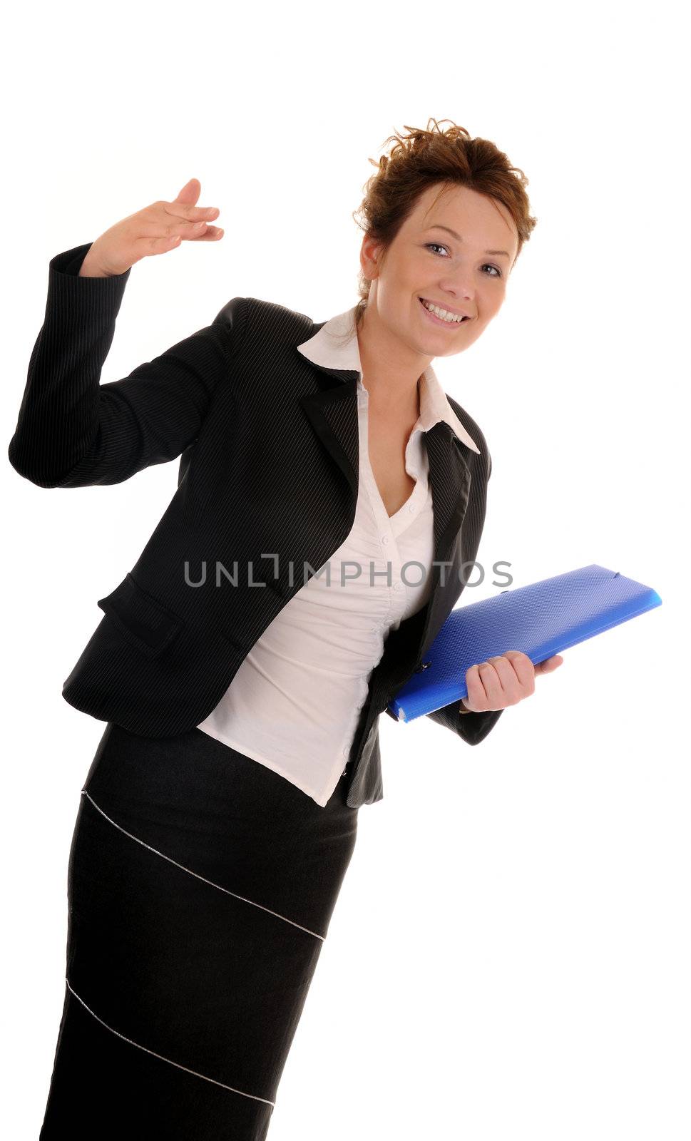 Atractive business woman with documents and invitation gesture on white background