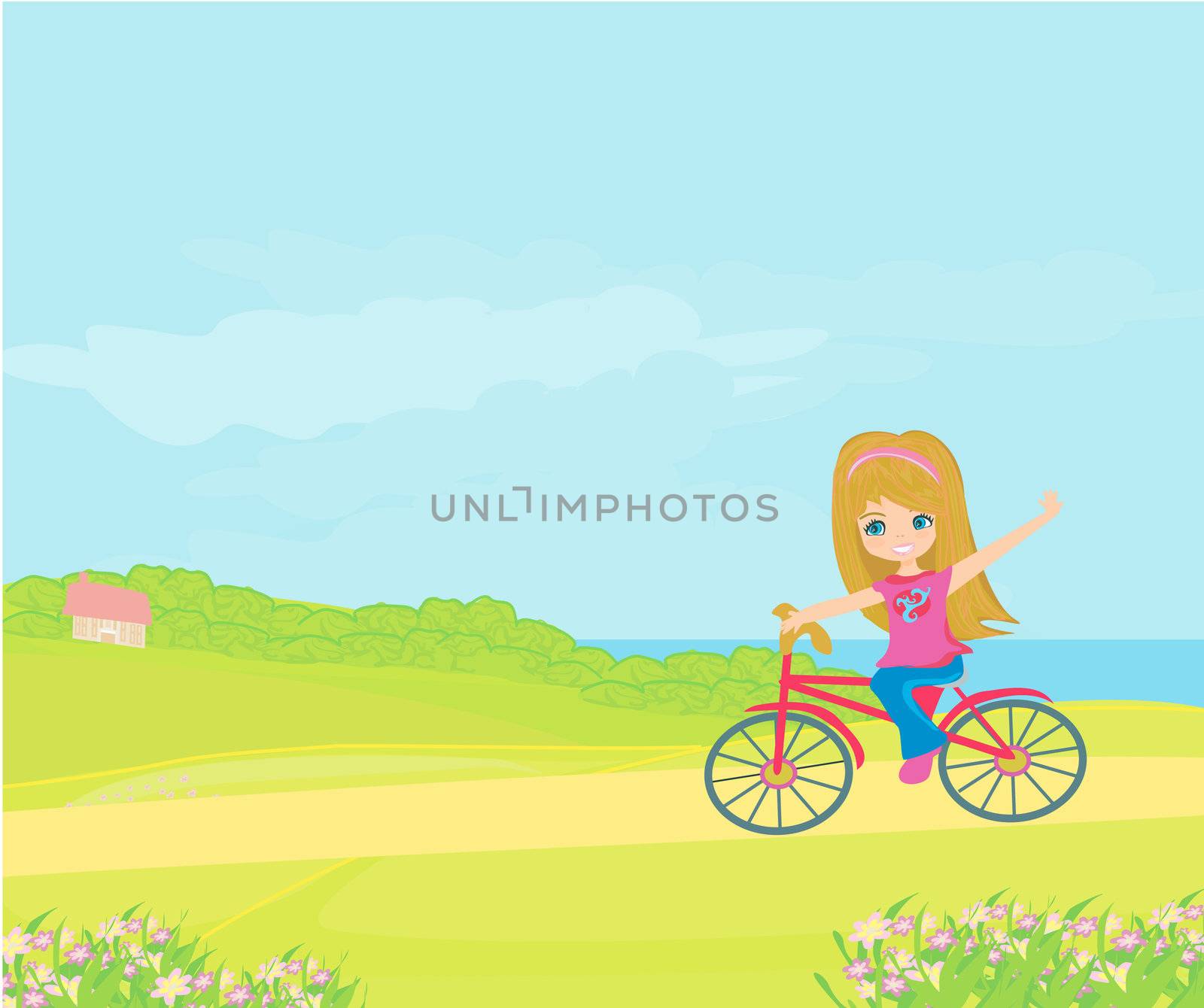Happy Driving Bike with Cute Smiling Young Girl