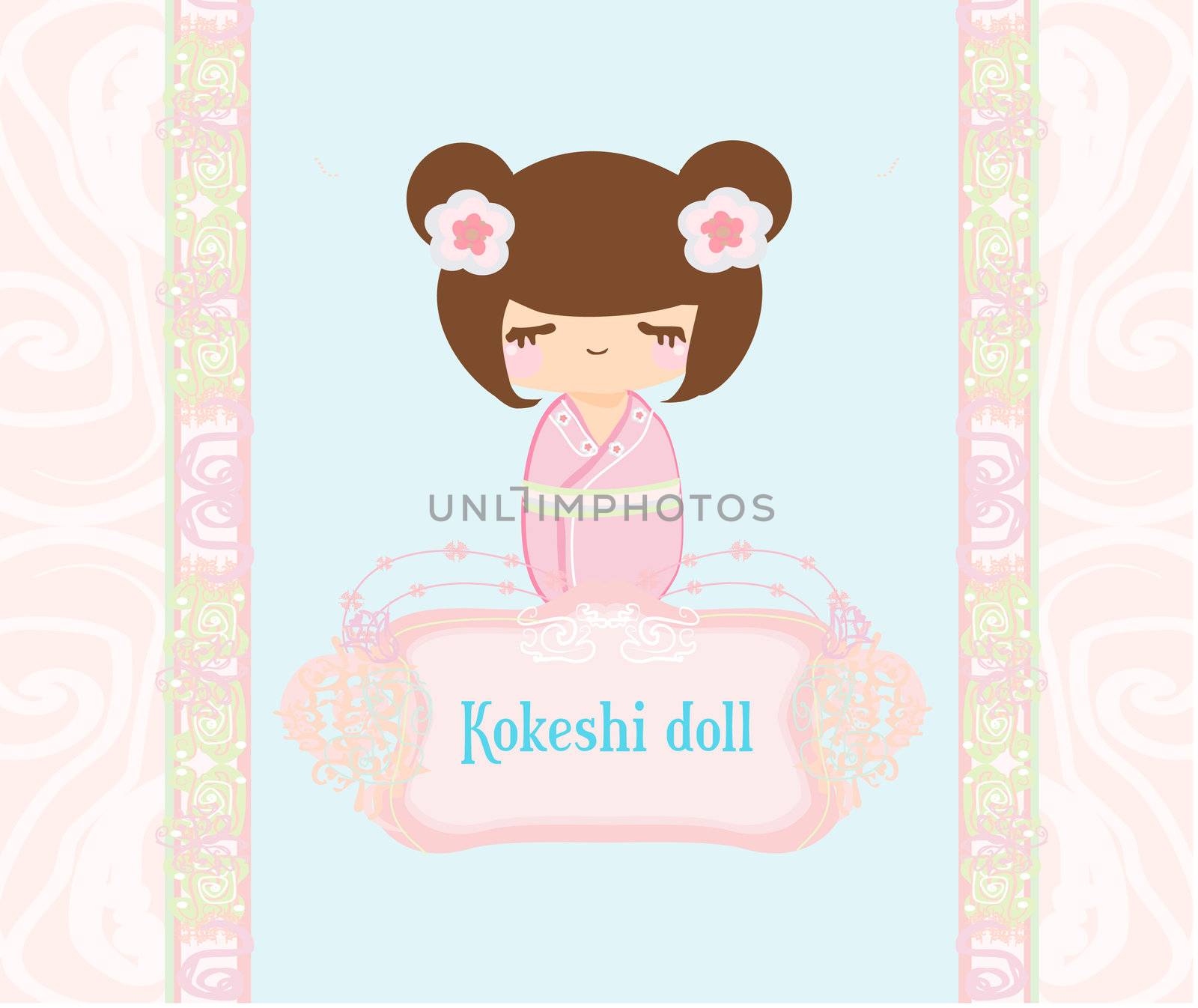 Kokeshi doll on the pink background with floral ornament