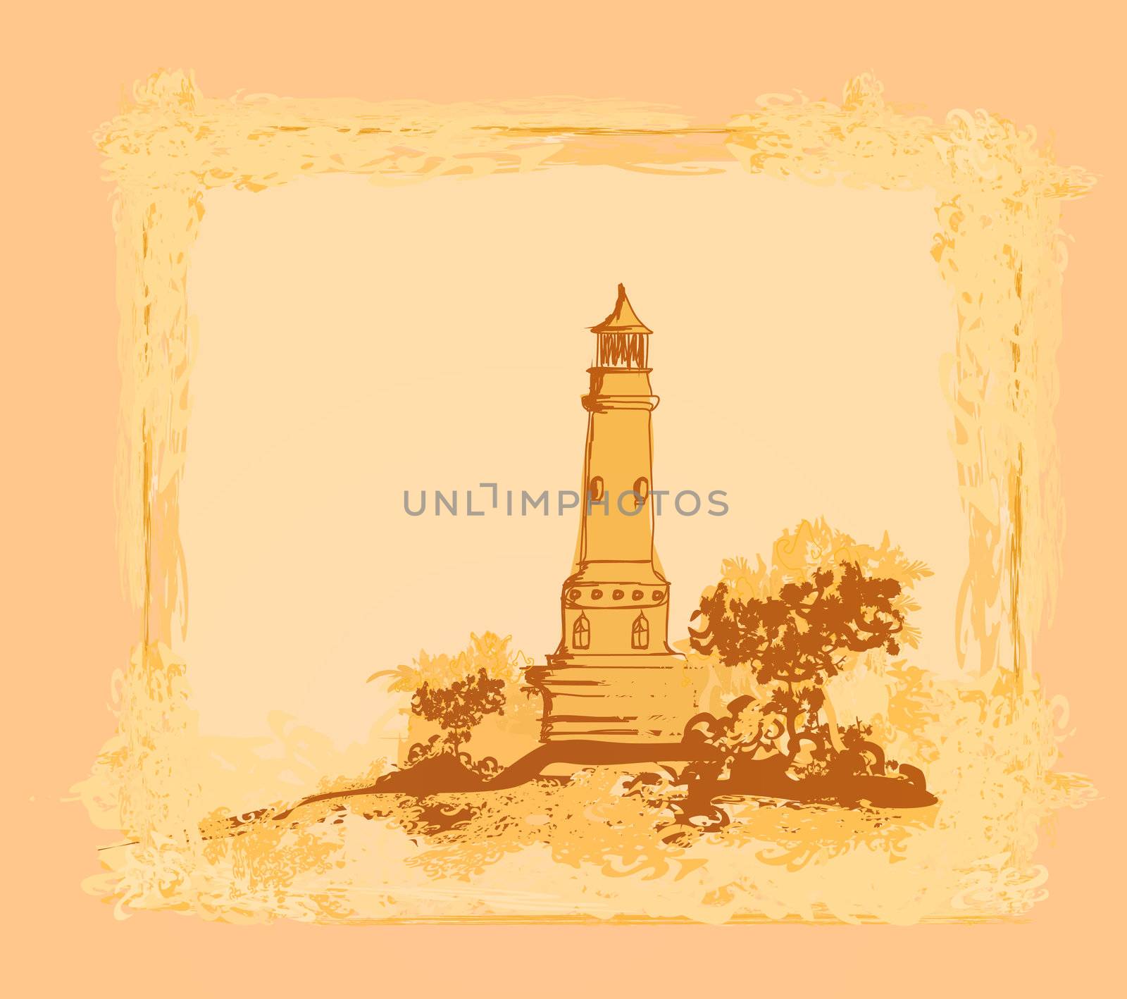 lighthouse seen from a tiny beach - Grunge Poster