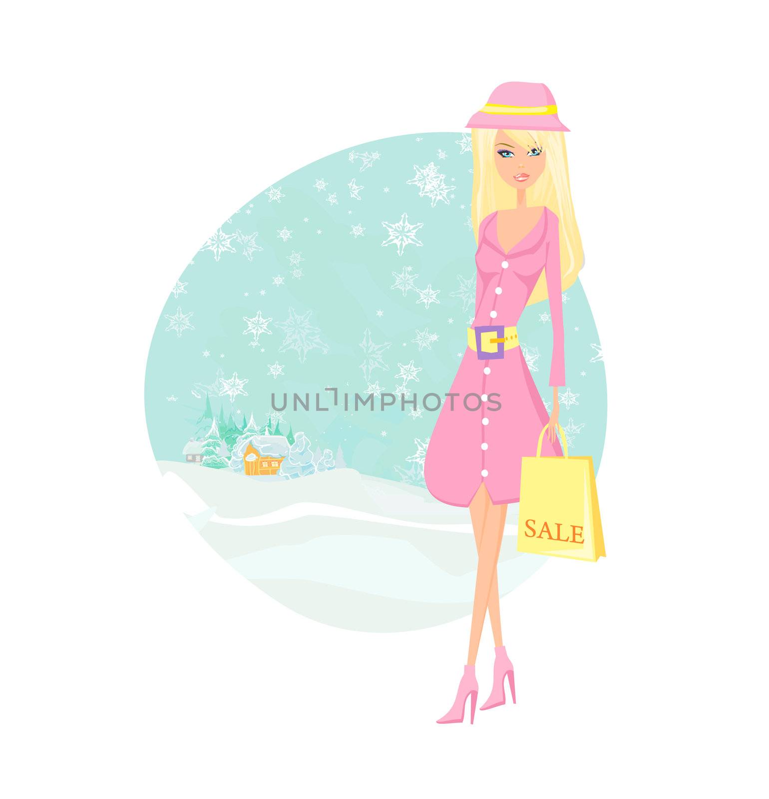 fashion winter girl with shopping bags