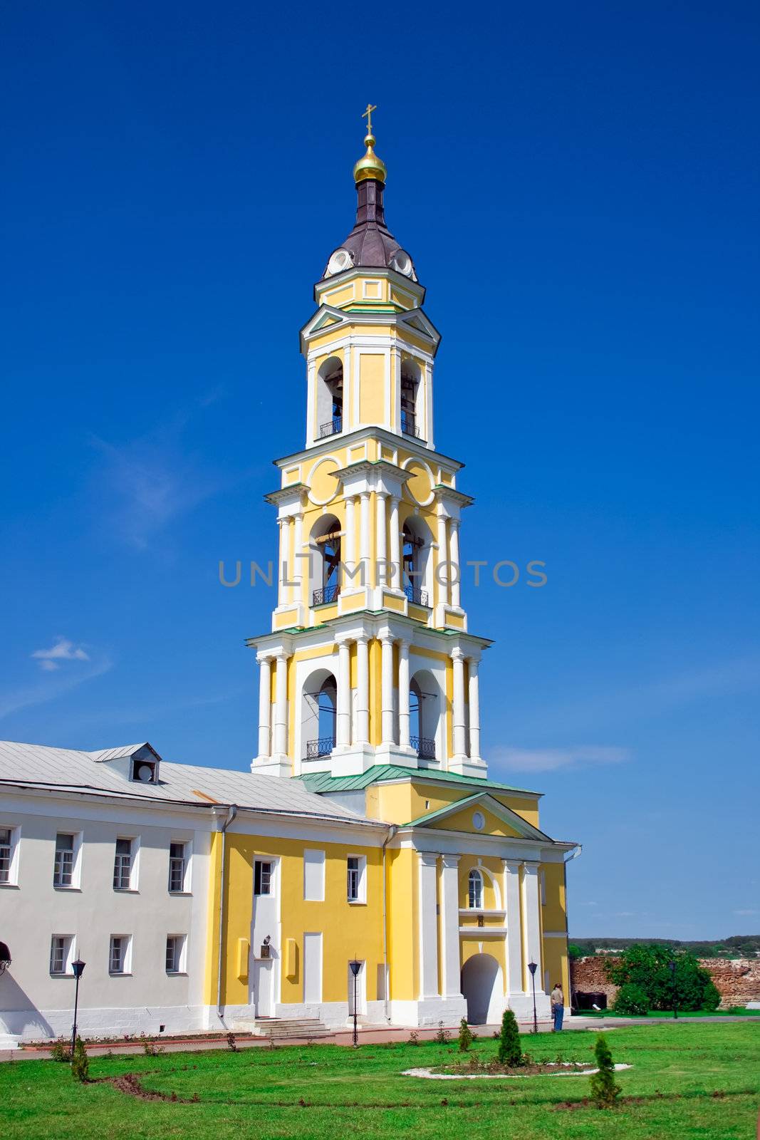 High yellow belfry in Staro-Golutvin monastery, Kolomna, Russia