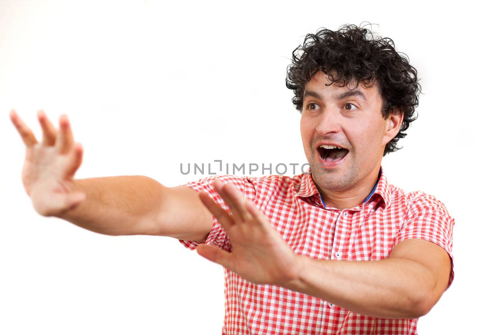 Man looking looking surprised or scared, isolated on white background 