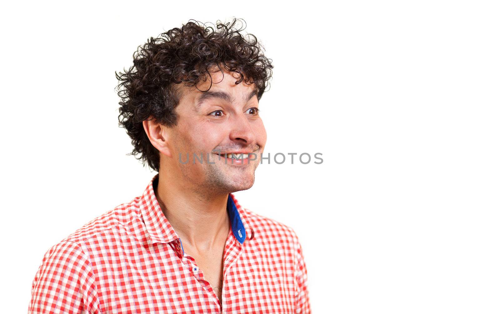 Young man lost in admiration, isolated on white background