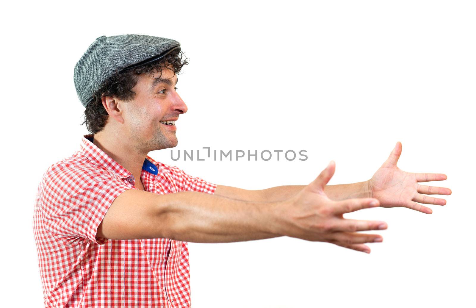 Young man opening his arms in a welcoming gesture, isolated on white background