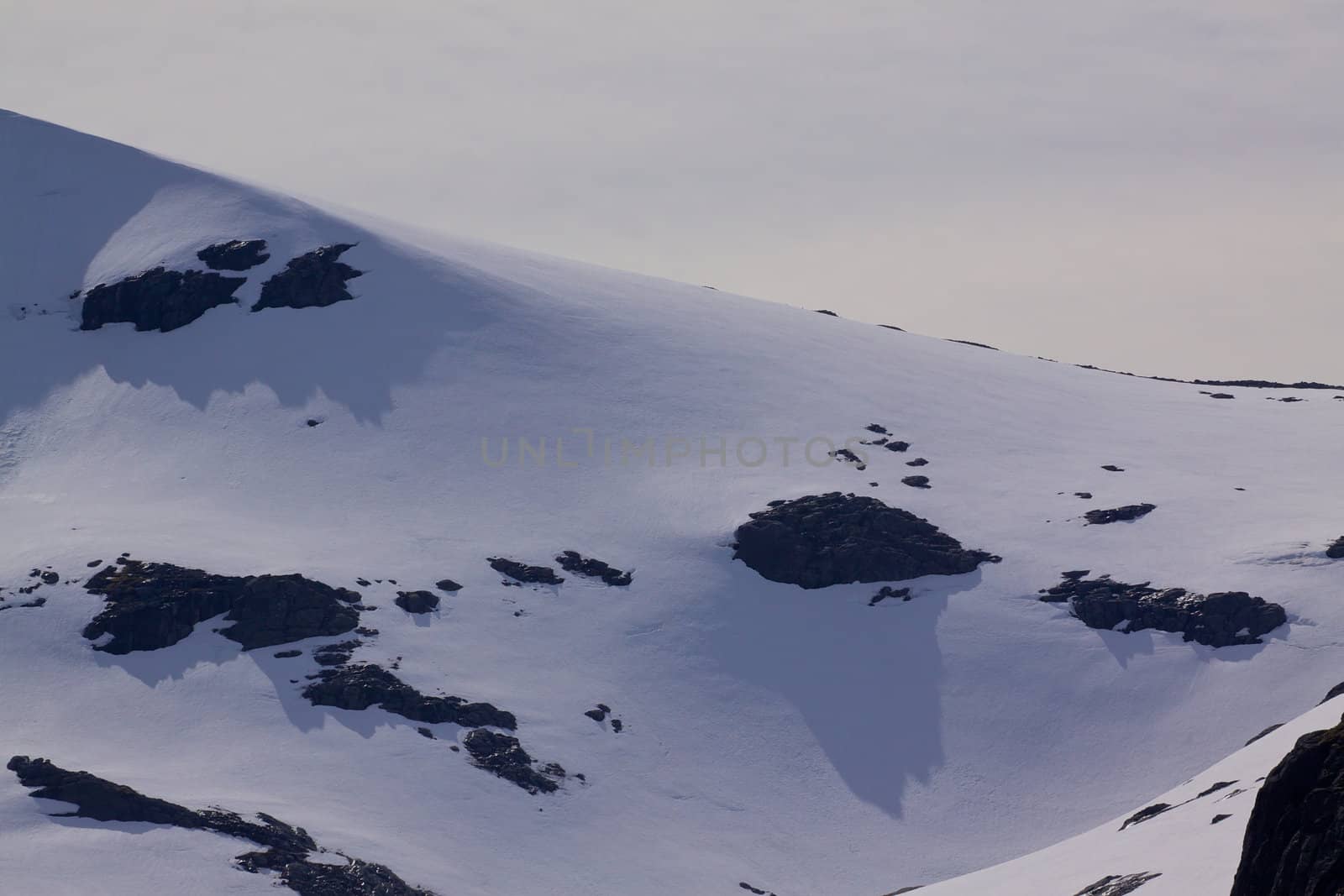 Picturesque snowy highest peaks on Lofoten islands in Norway during summer