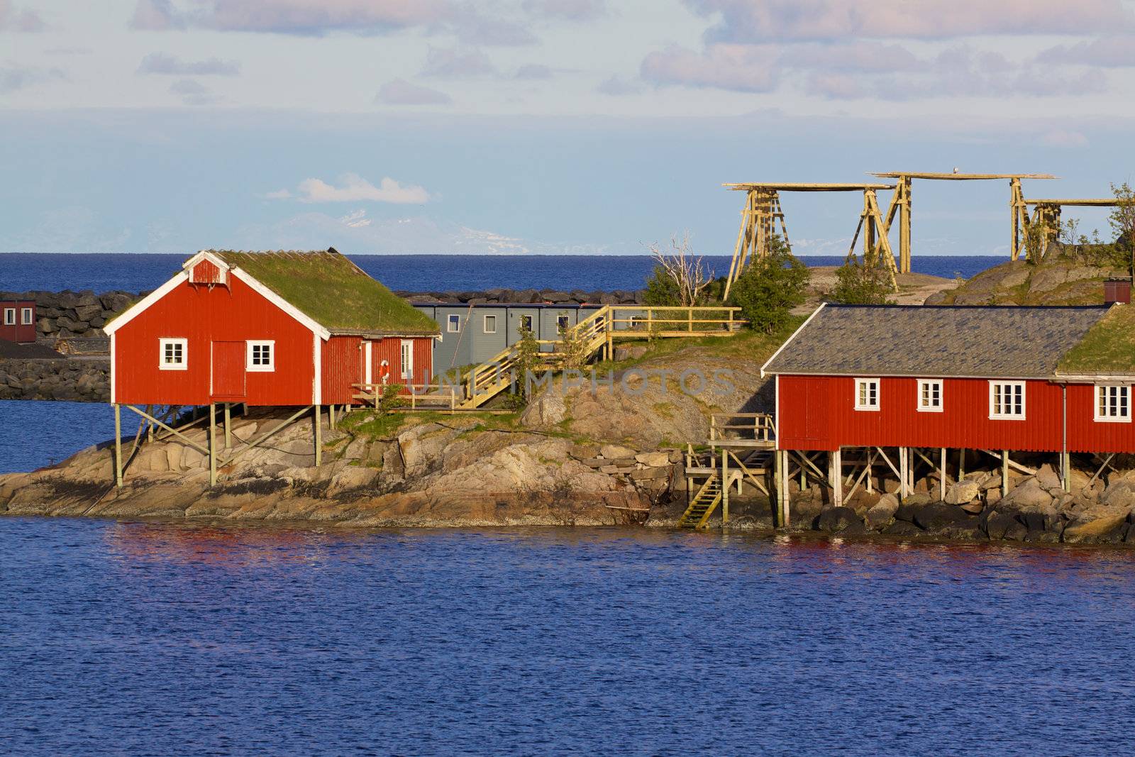 Typical red rorbu huts with sod roof in town of Reine on Lofoten islands in Norway