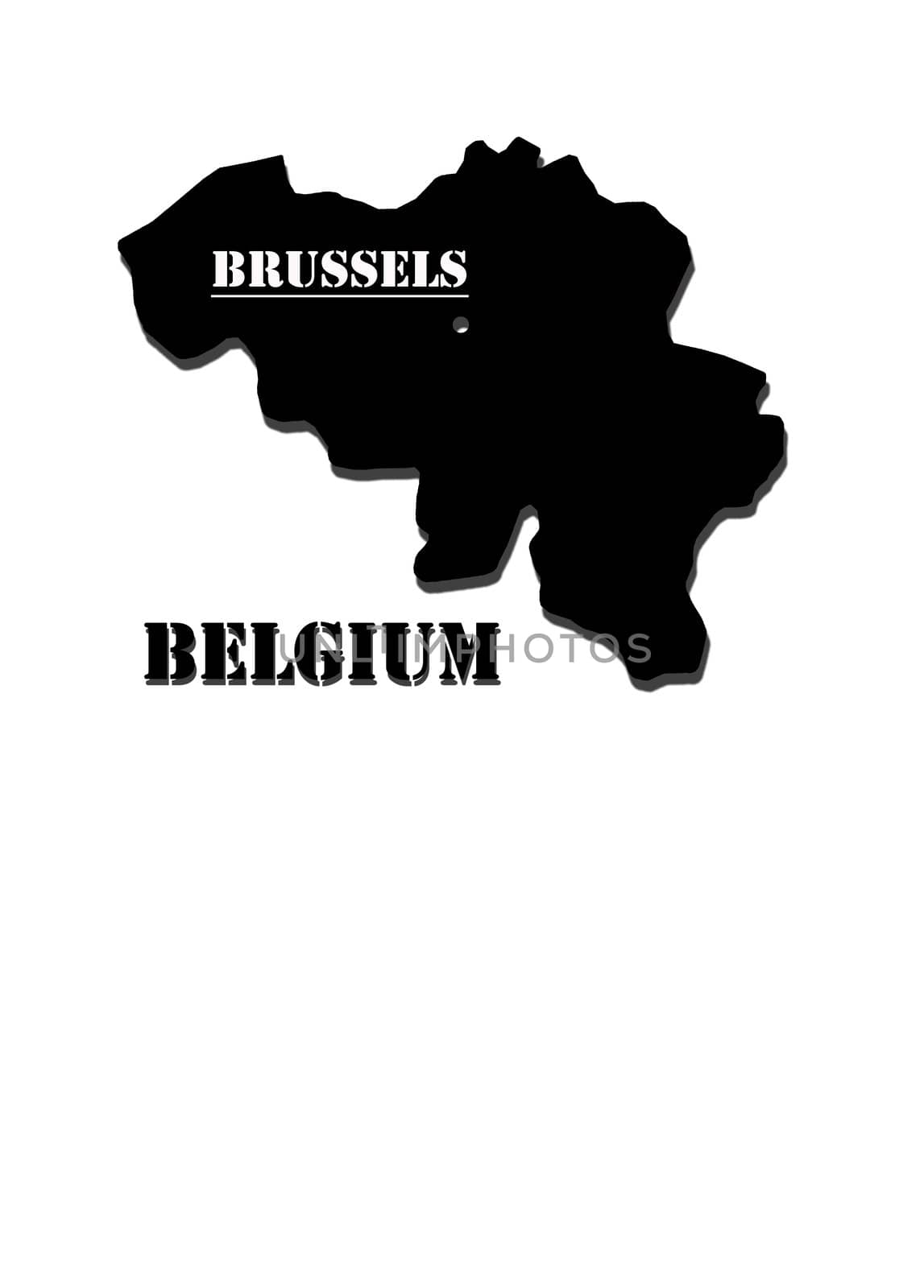 Black silhouette of a map of Belgium with a designation of capital