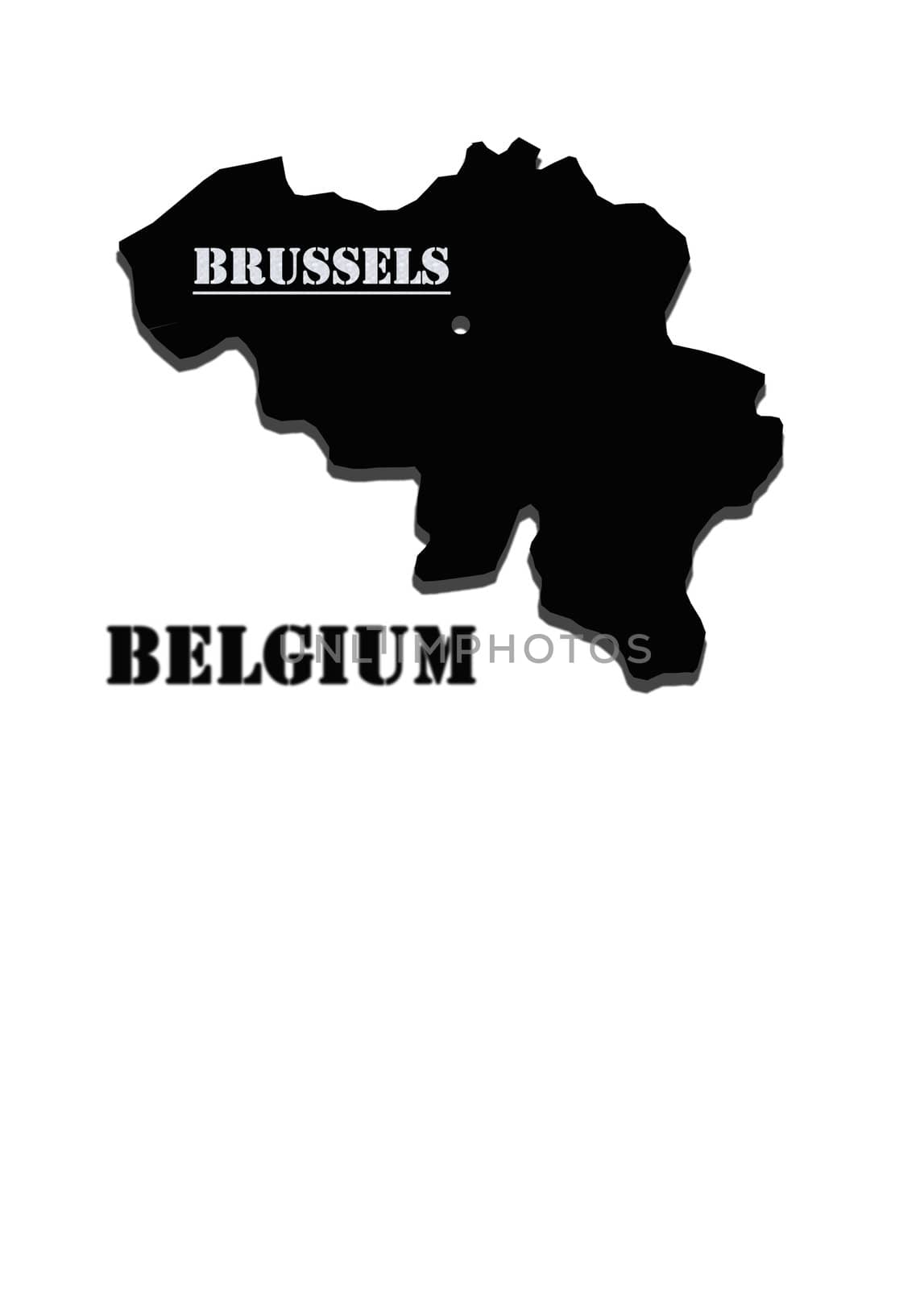 Black silhouette of a map of Belgium with a designation of capital