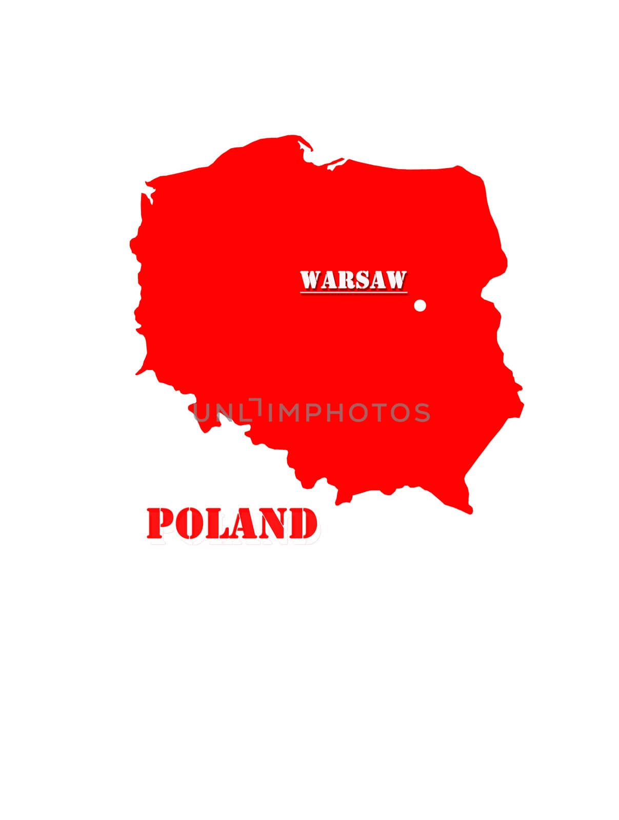 Red silhouette of a map of Poland with a designation of capital