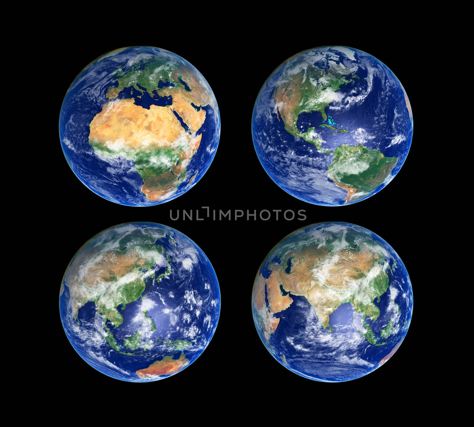 Four Earth Globes with clouds, high res pictures