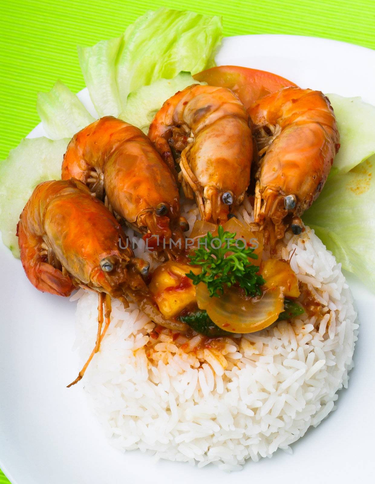 shrimp serve with rice asia food.