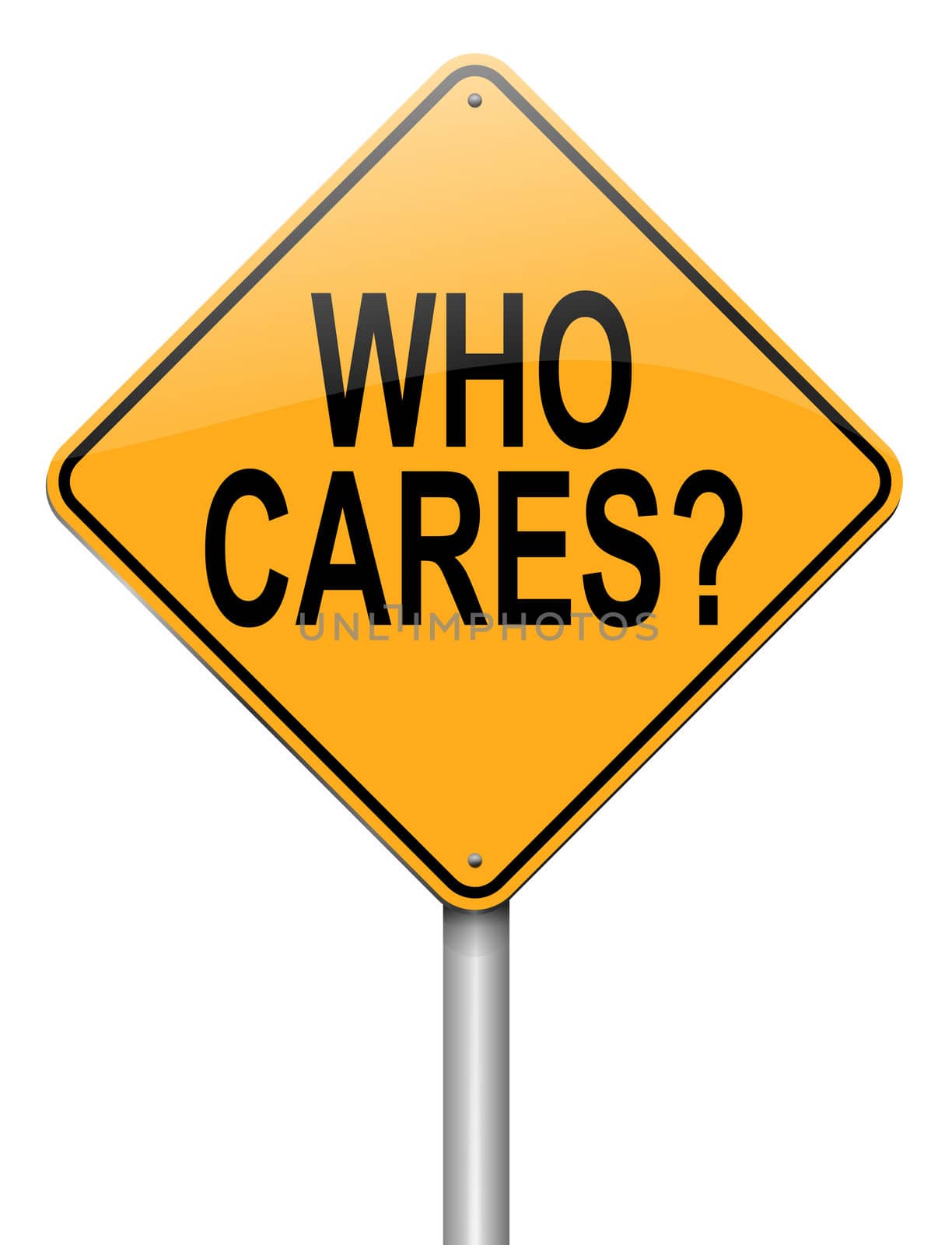 Illustration depicting a roadsign with a who cares concept. White background.