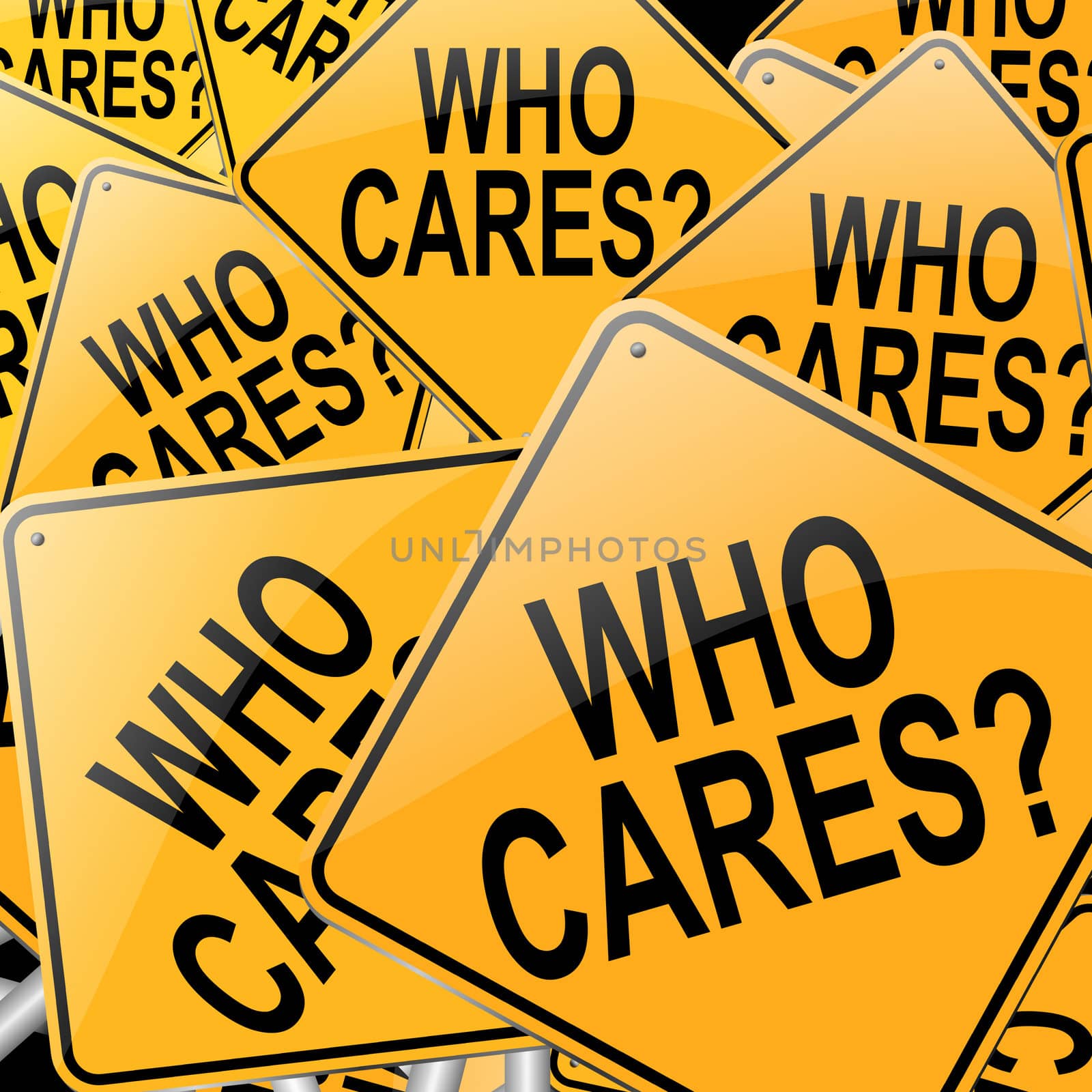 Illustration depicting many roadsigns with a who cares concept.