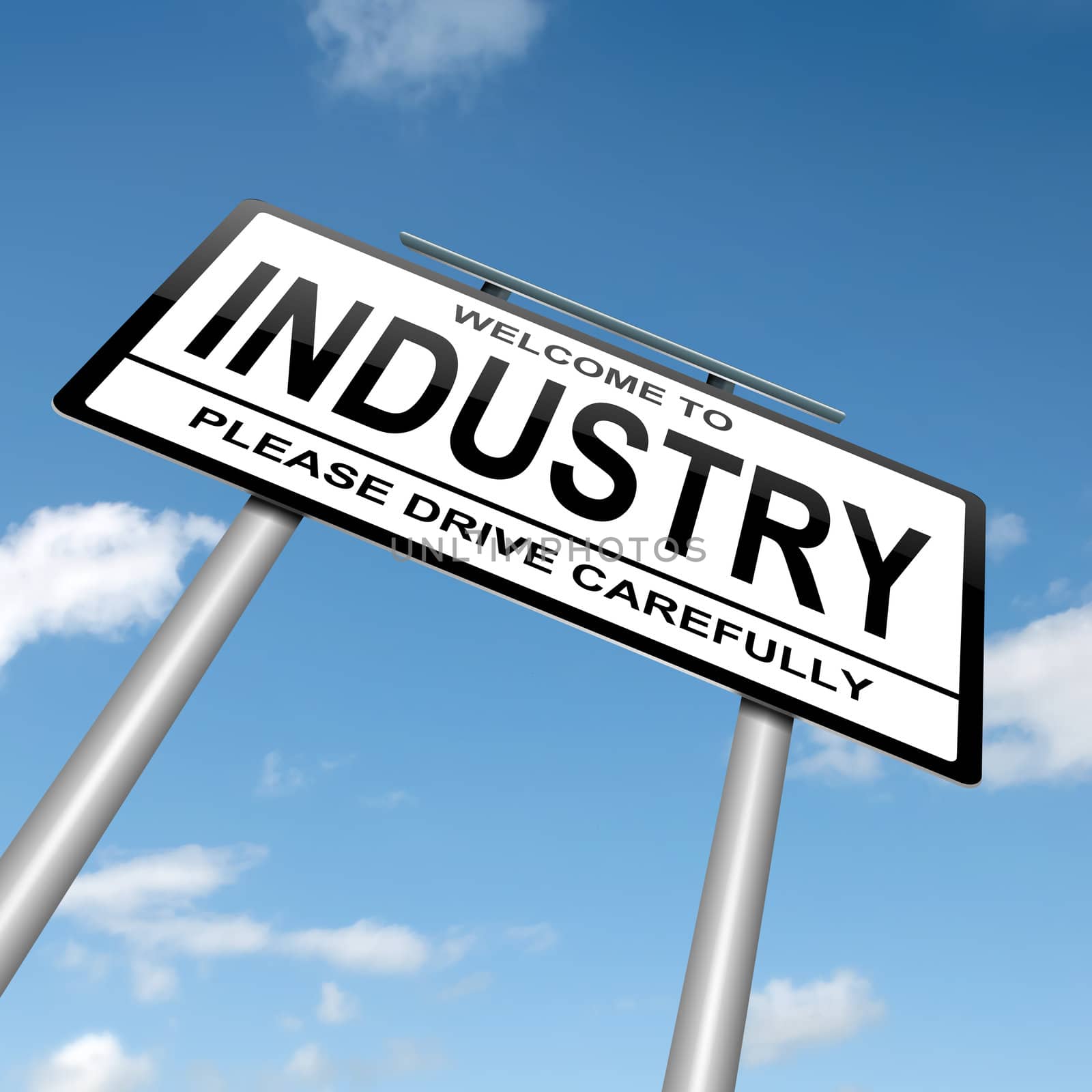 Illustration depicting a roadsign with an industry concept. Blue sky background.
