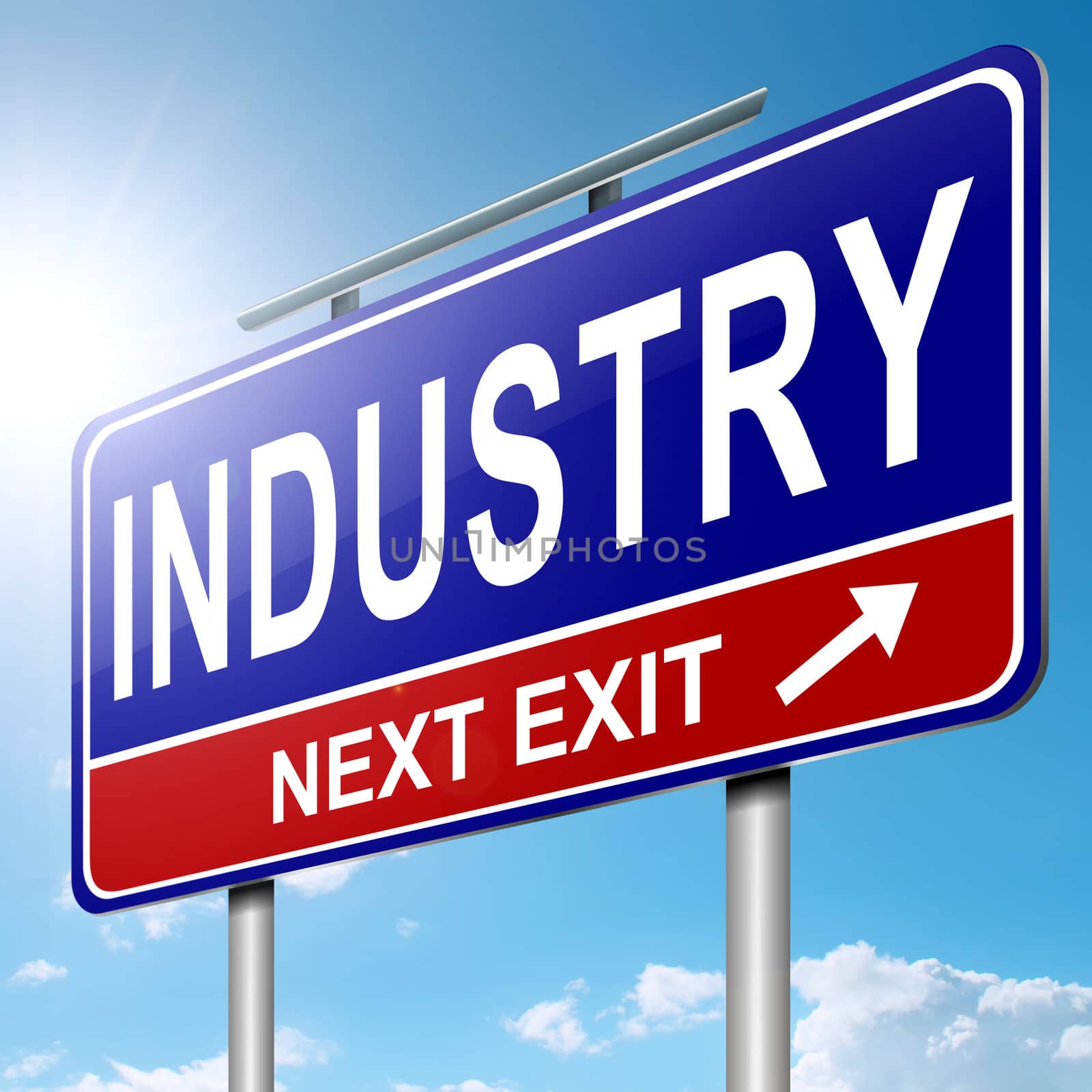 Illustration depicting a roadsign with an industry concept. Blue sky with sunlight background.