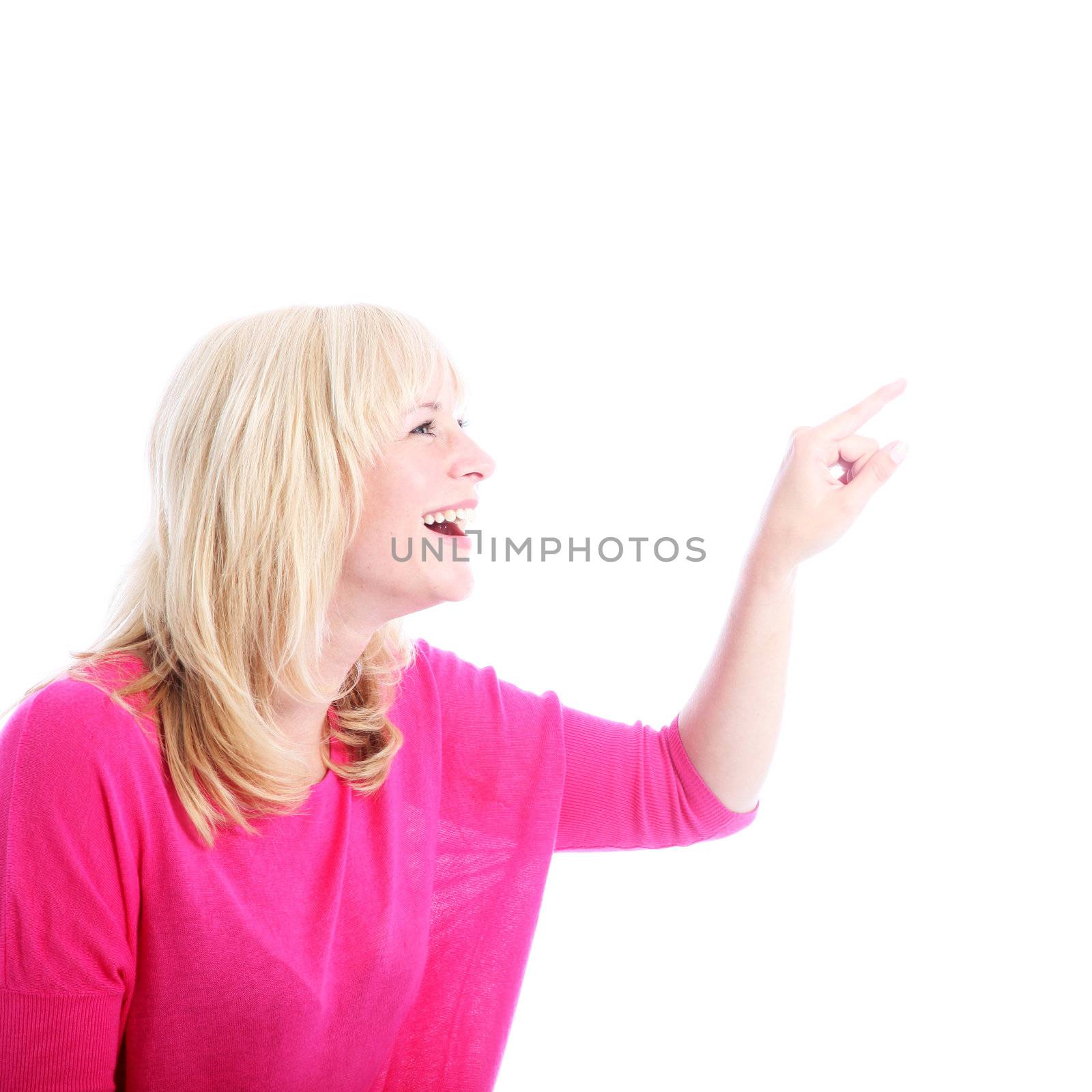 Laughing woman pointing to blank copyspace Laughing woman pointing to blank copyspace by Farina6000