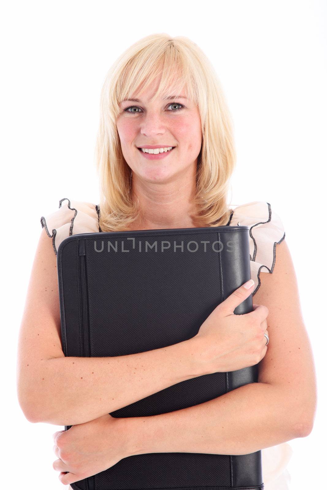 Smiling beautiful blonde woman holding an outsized black leather portfolio folder to her chest isolated on white Smiling beautiful, blonde woman holding a outsized black leather portfolio dolder to her chest isolated on white 