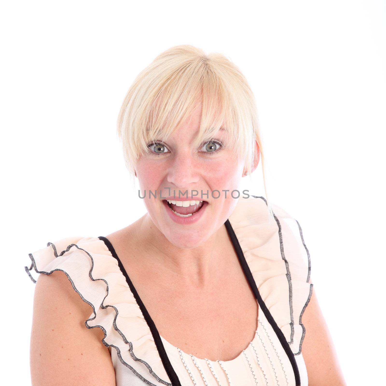 Portrait of cheerful blonde woman on white background 