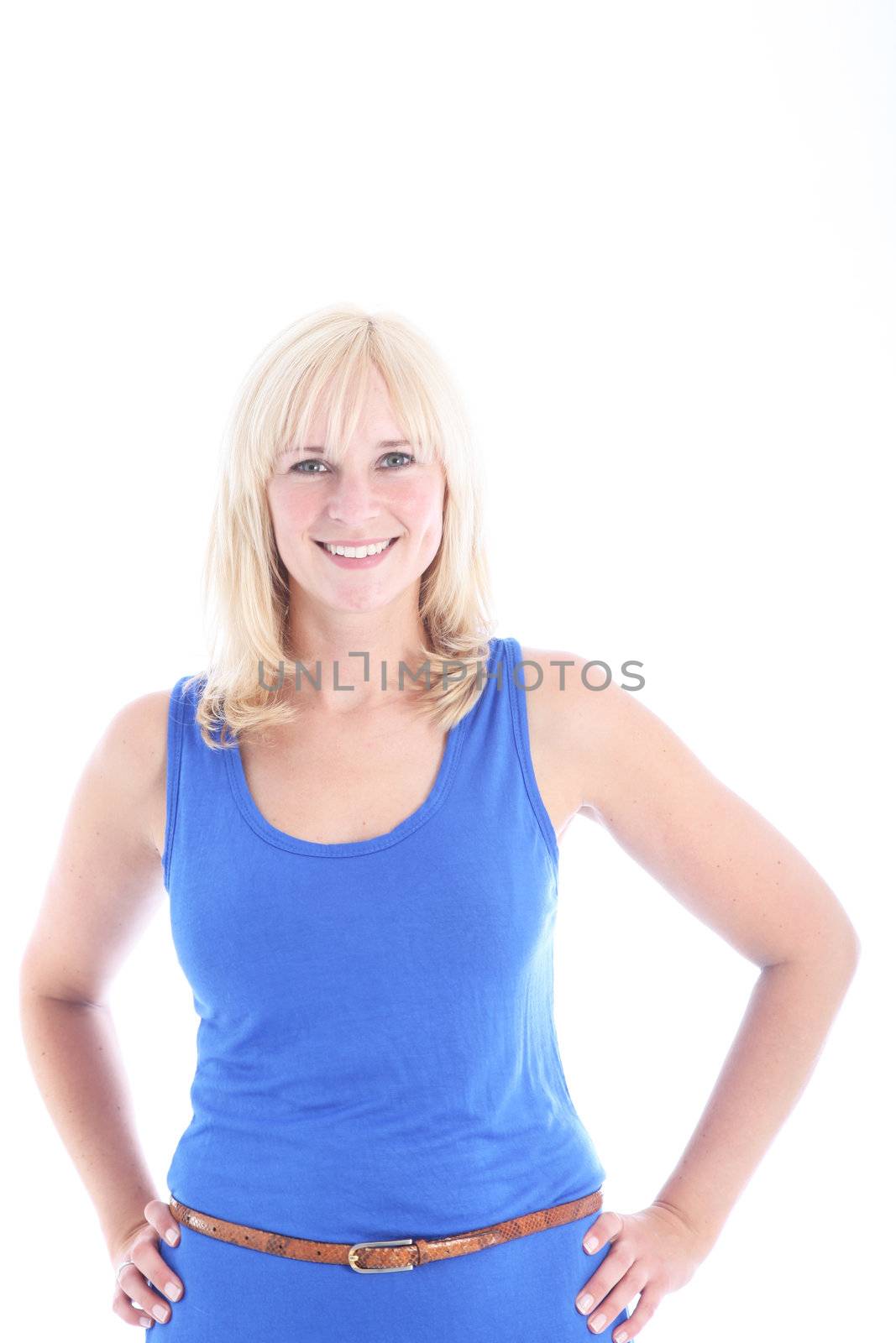 Smiling woman in blue dress isolated on white Smiling woman in blue dress isolated on white