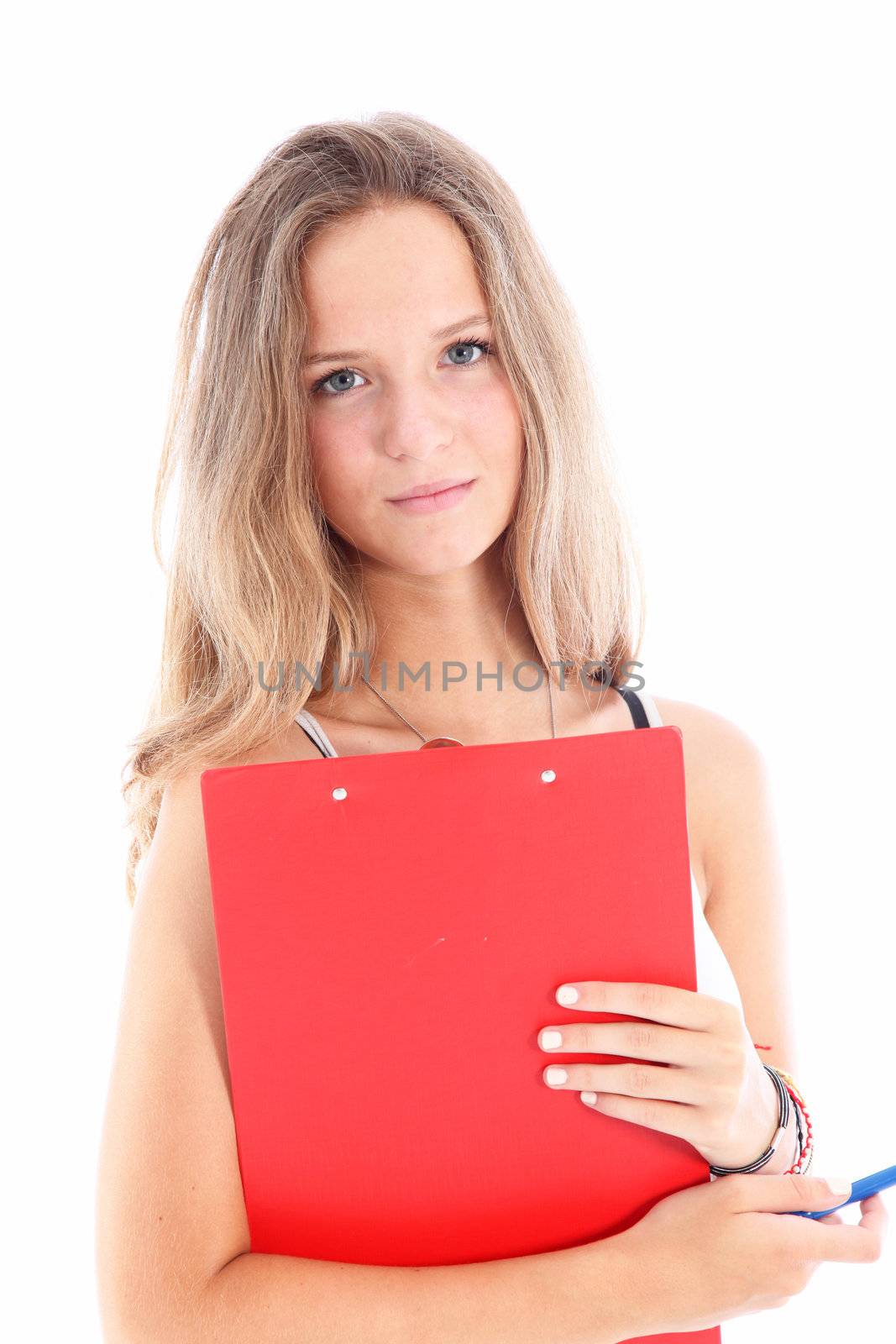Serious dedicated young woman student with a sincere expression holding a red clipboard isolated on white Serious young dedicated woman studentwith a sincere expression holding a red clipboard isolated on white 