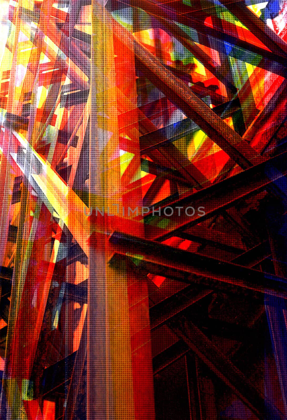 Steel girders industrial structure. Overlapping colors abstract halftone illustration.