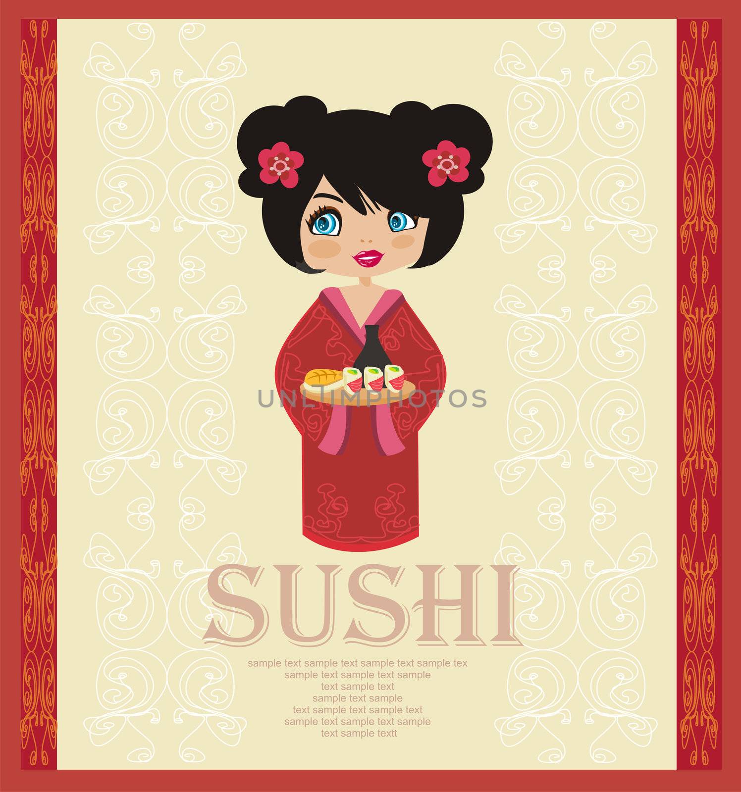 beautiful Asian girl enjoy sushi - menu template